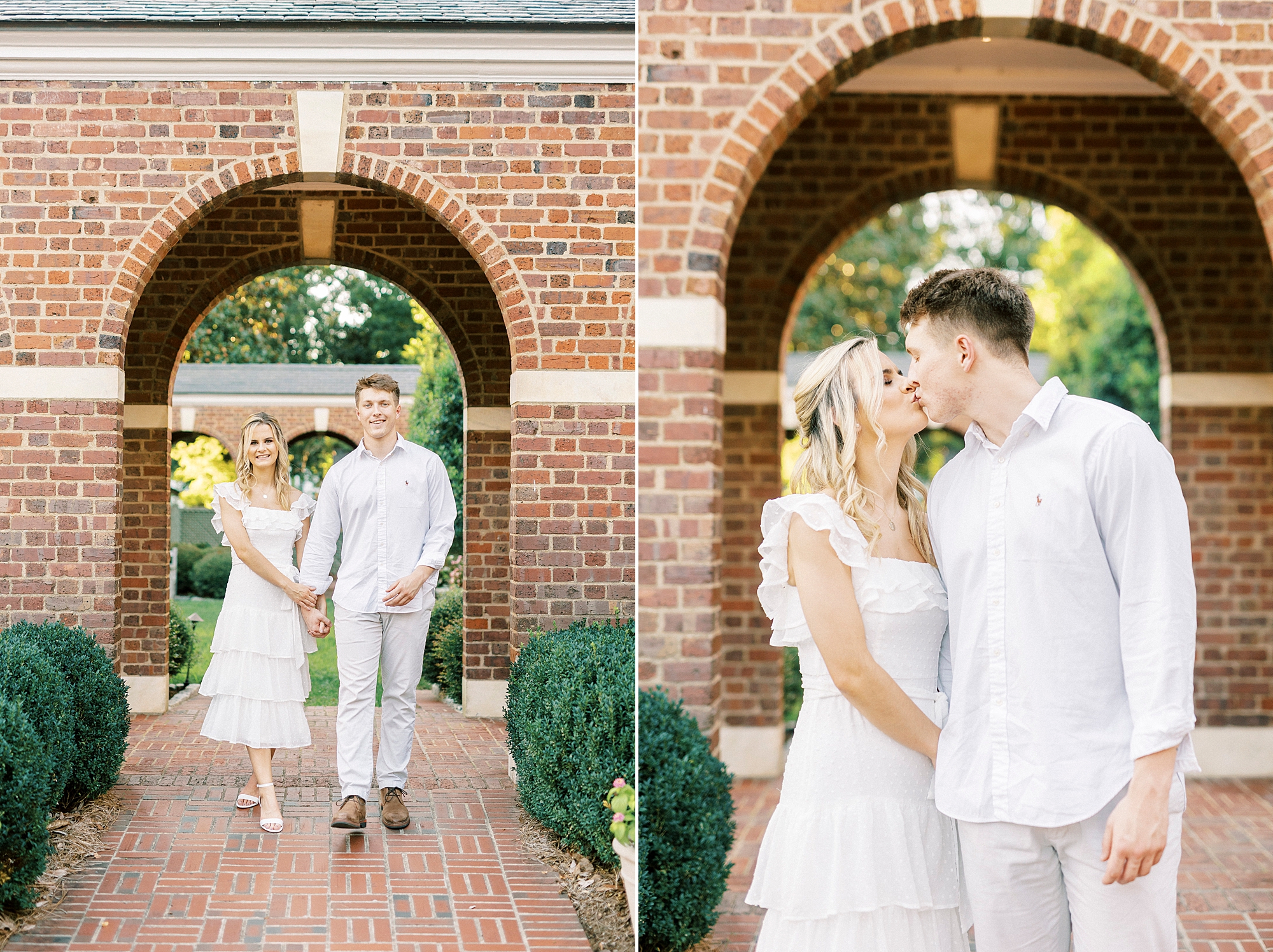 couple walks through brick arches during Downtown Concord engagement portraits