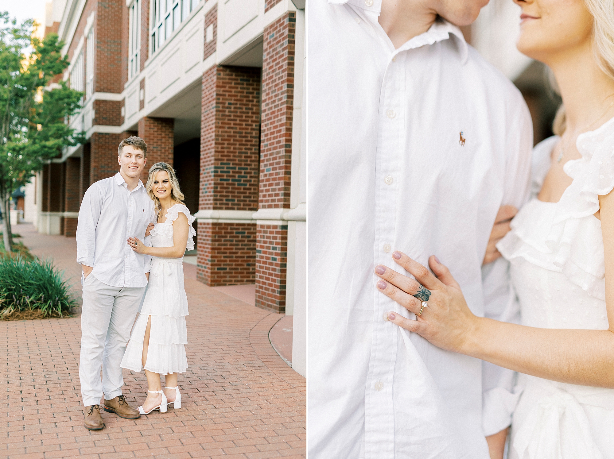 woman holds groom's shirt showing off engagement ring