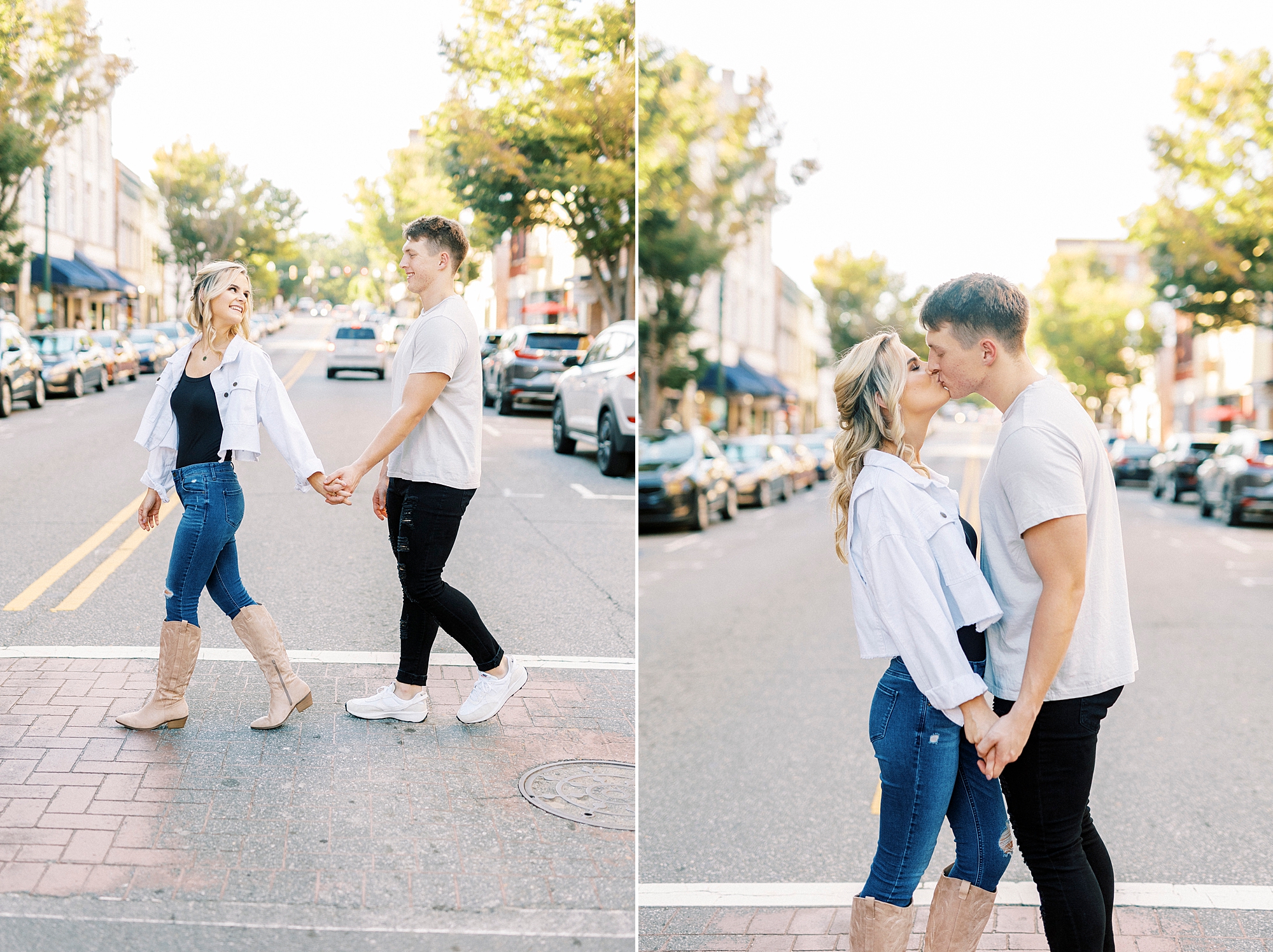 couple walks through Downtown Concord crosswalk