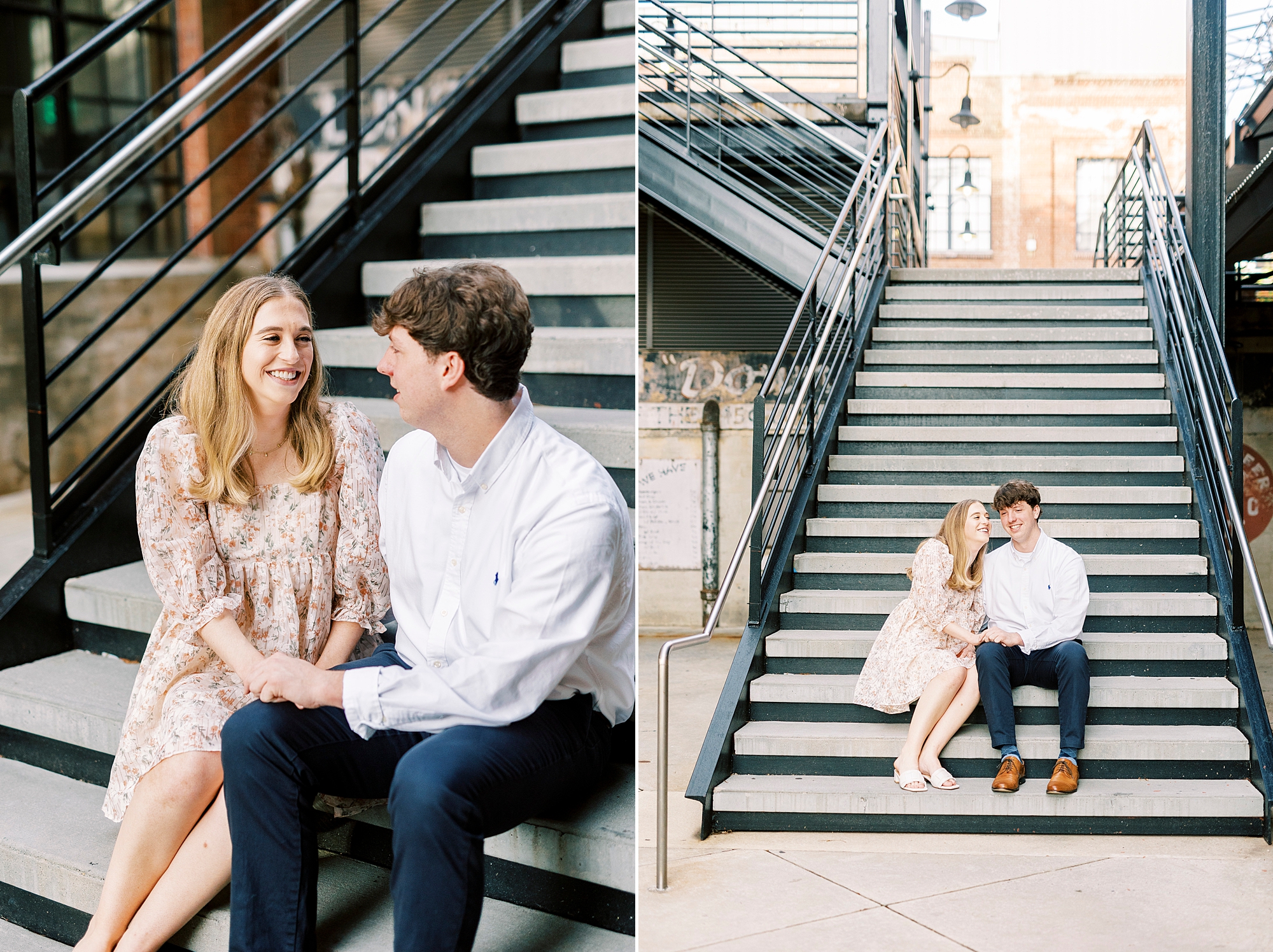 engaged couple sits on staircase at the American Tobacco Campus