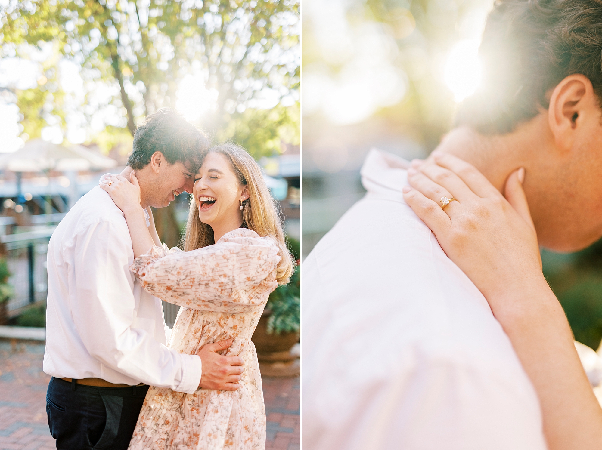 woman laughs hugging fiancee showing off ring