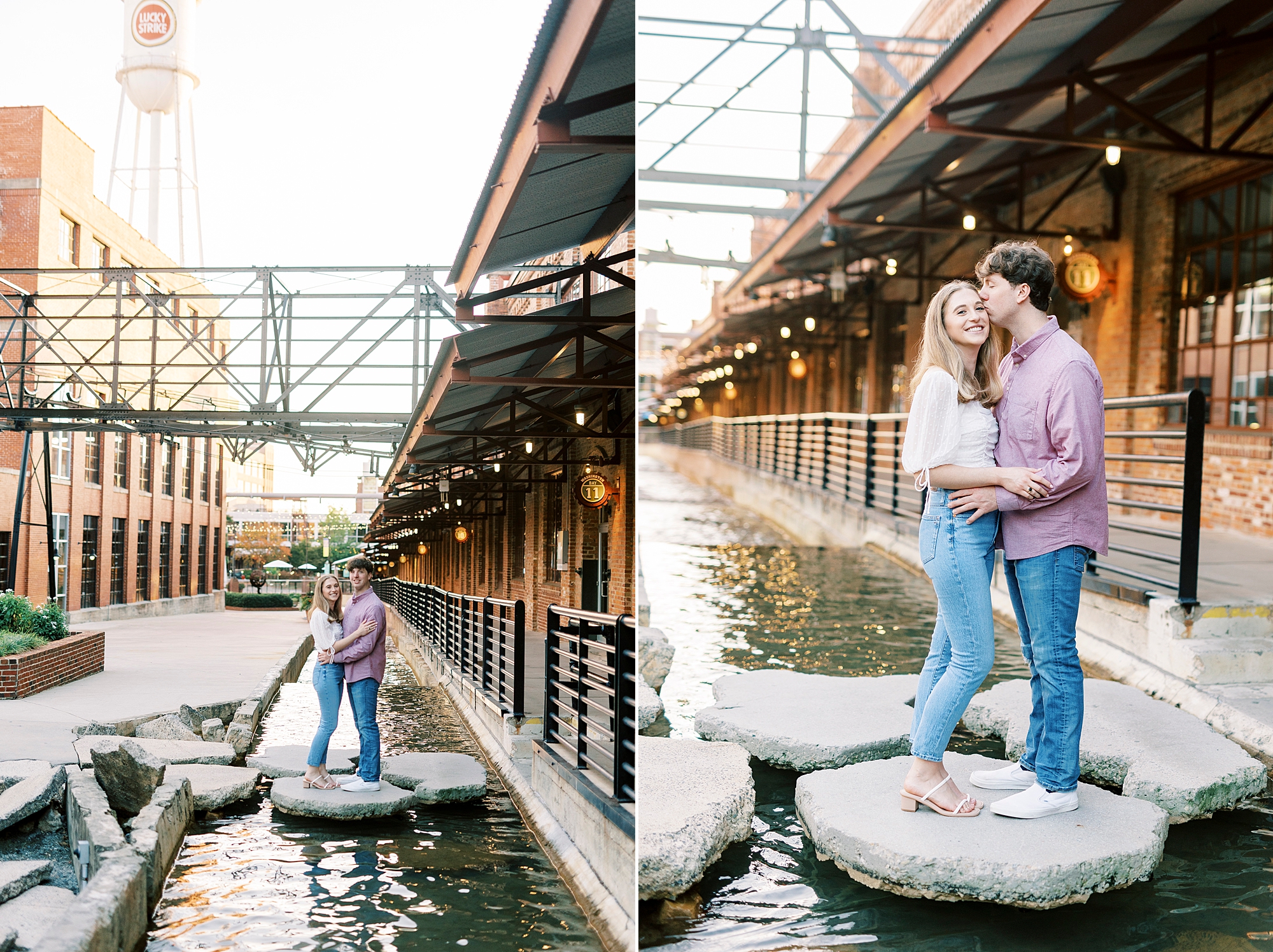 man kisses fiancee's cheek standing on rock steps at American Tobacco Campus