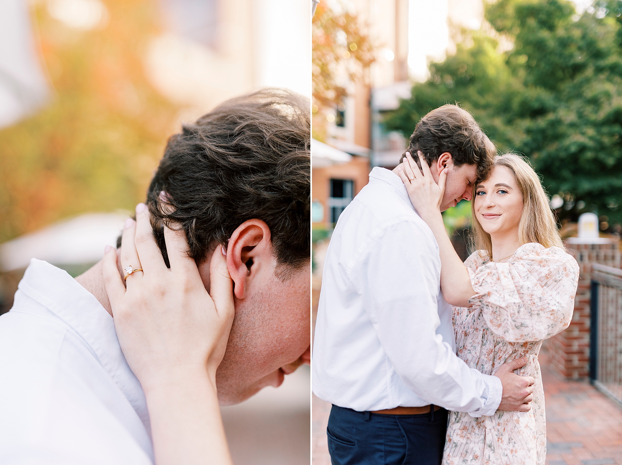 woman holds fiancee's neck during engagement session at American Tobacco Campus
