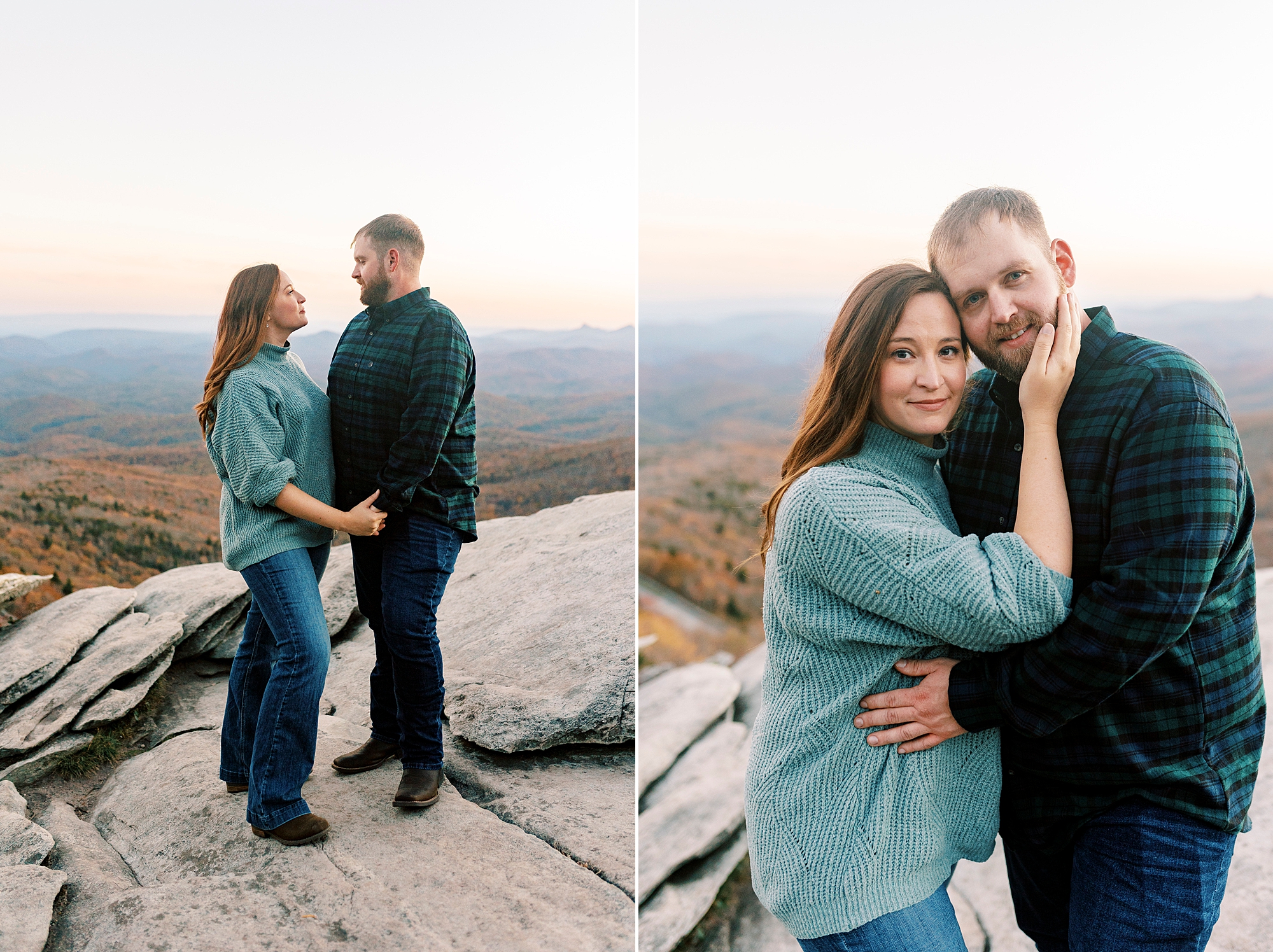engaged couple hugs at Rough Ridge on top of Blue Ridge Parkway