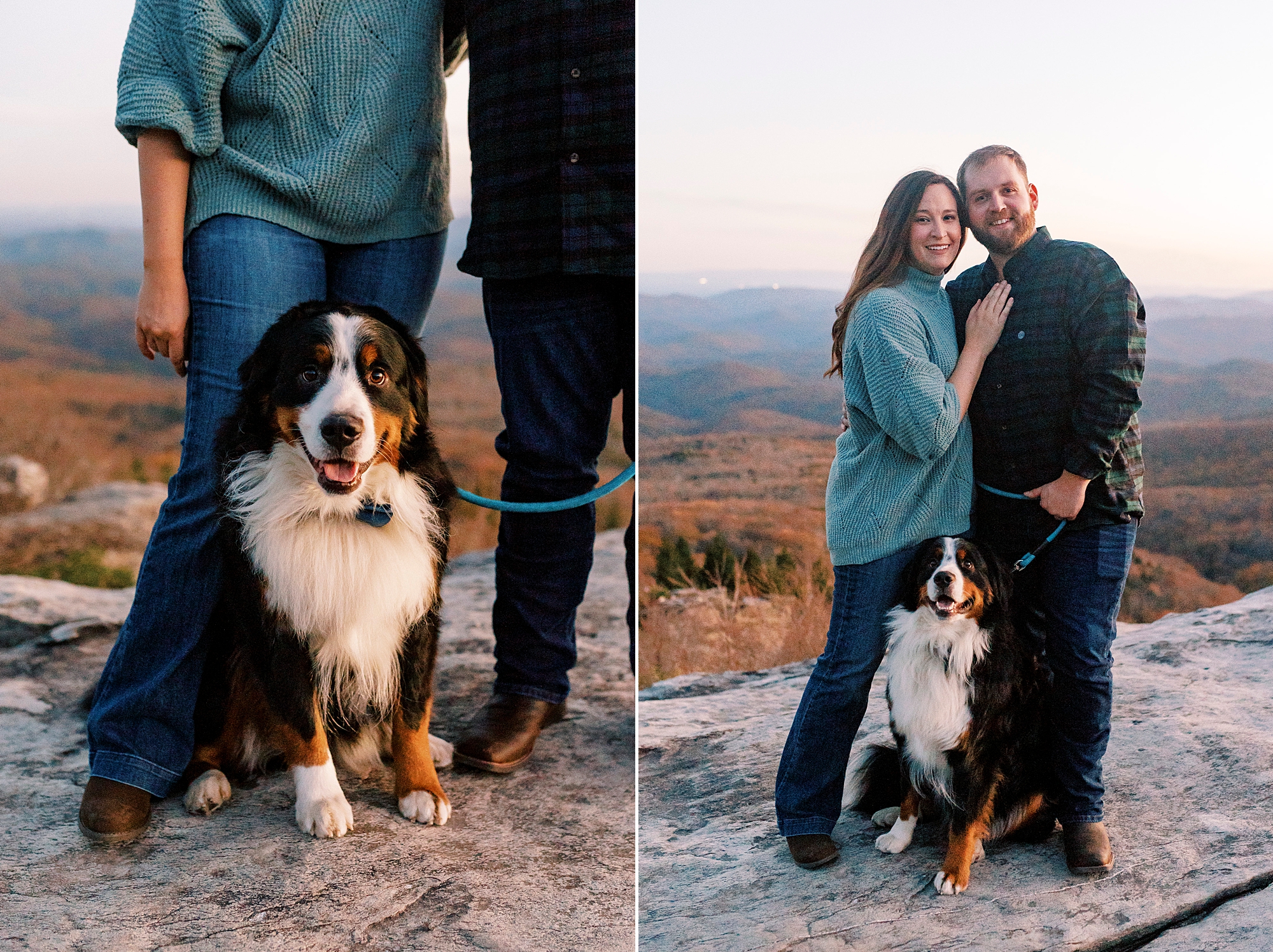engaged couple poses with Bernese Mountain Dog during Rough Ridge in the Blue Ridge Parkway engagement session