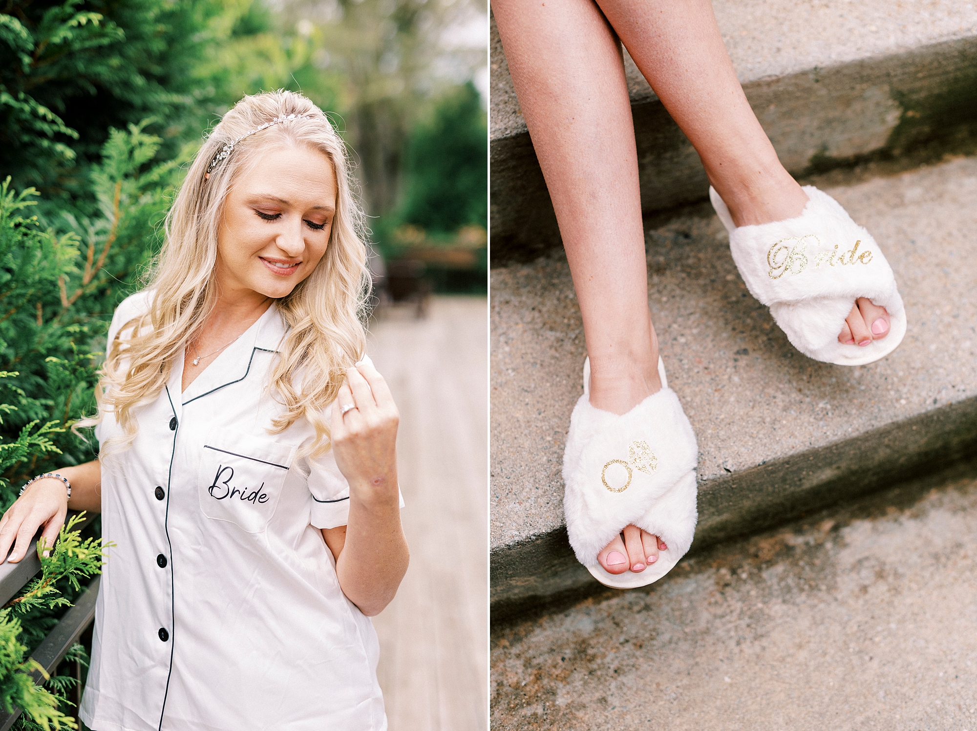bride sits on steps with custom slippers