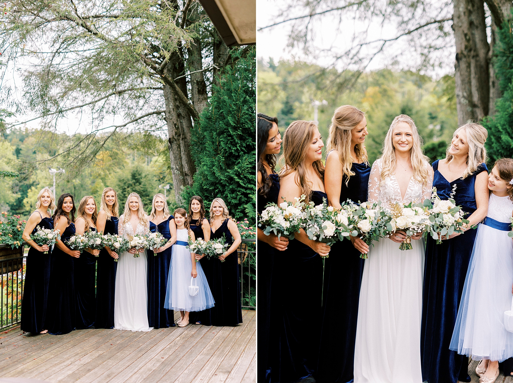 bride stands with bridesmaids in black gowns on balcony at Chetola Resort