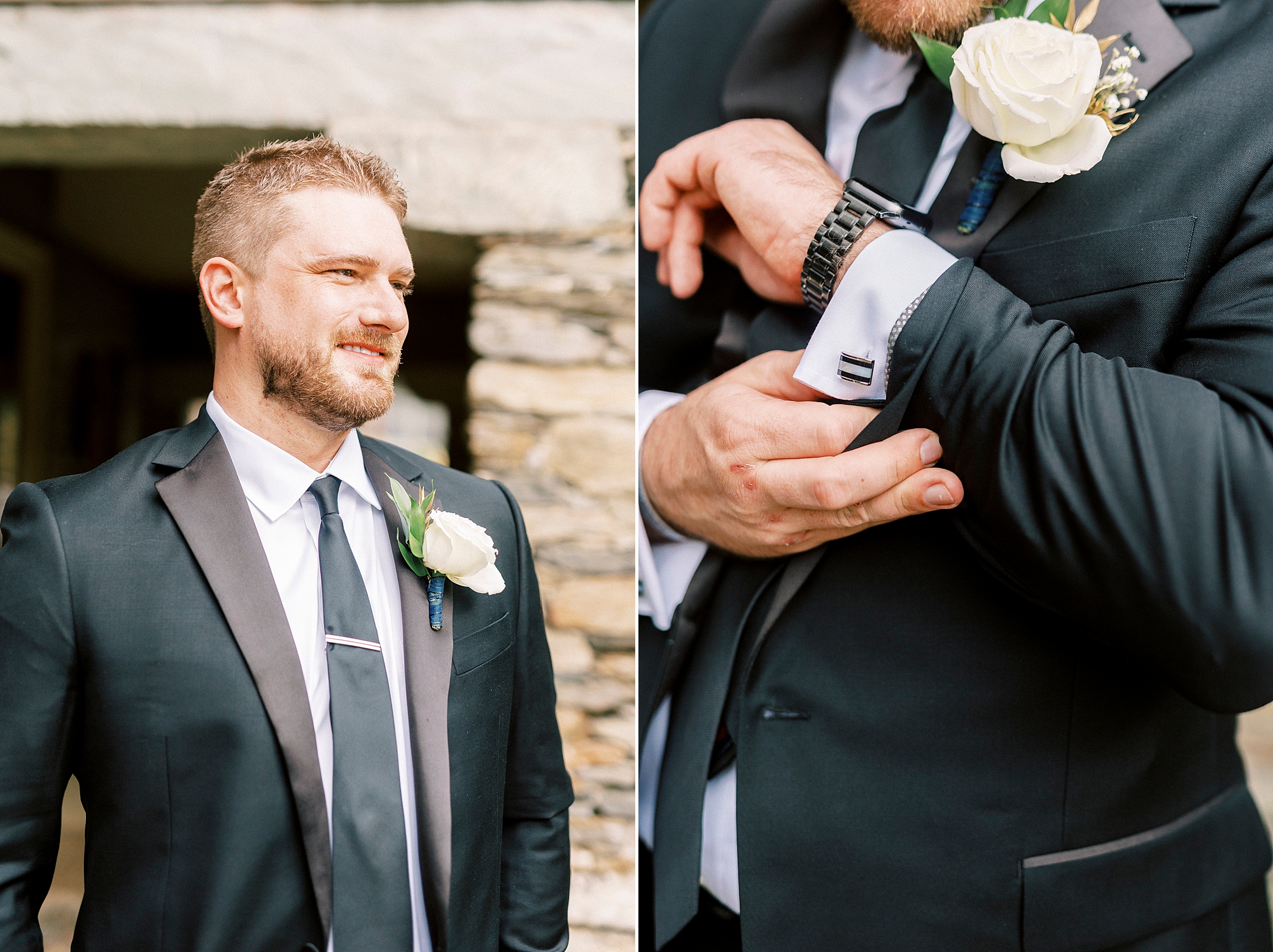 groom adjusts cufflinks before Chetola Resort wedding day
