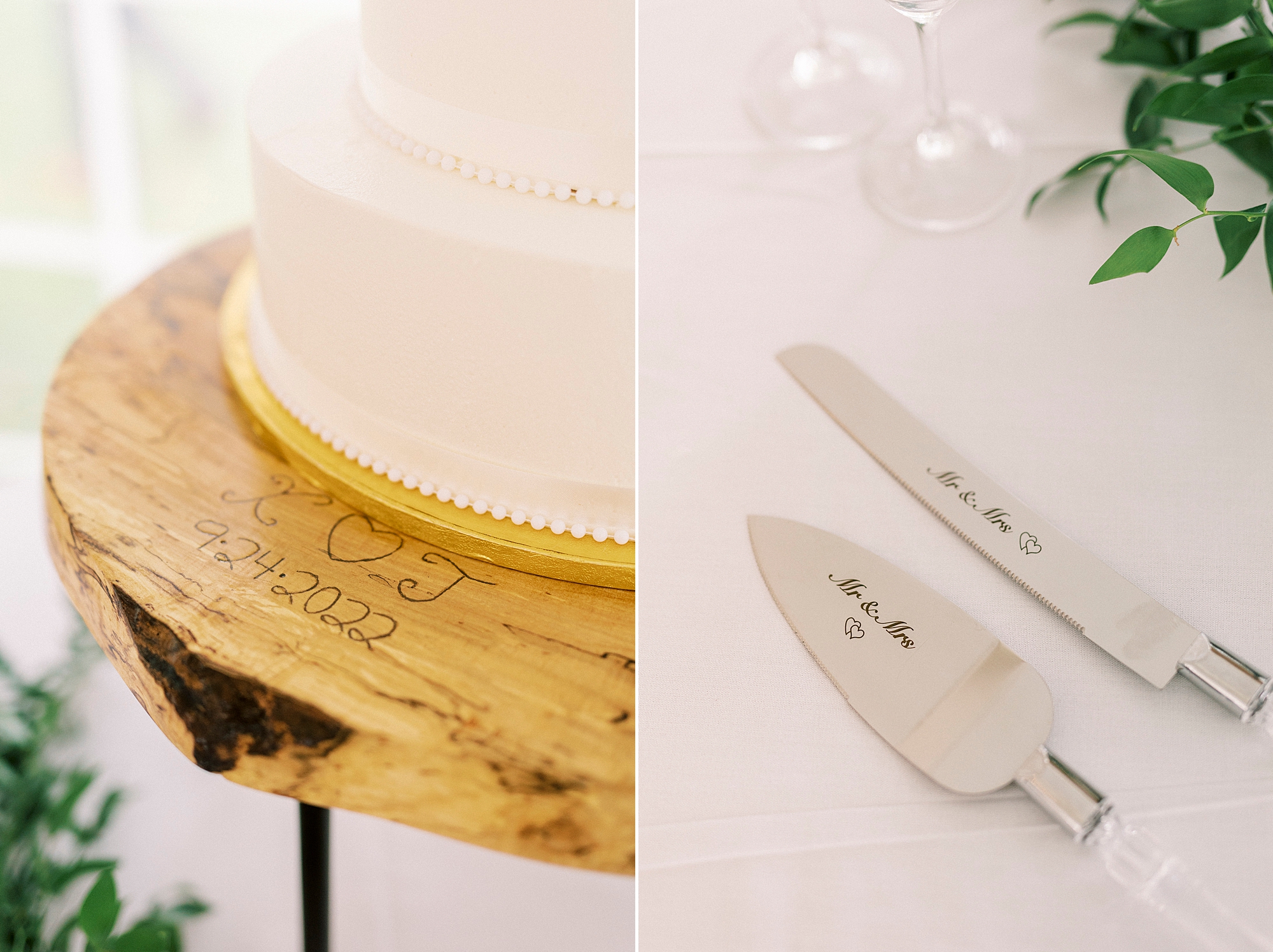 wedding cake sits on custom wooden holder for NC reception