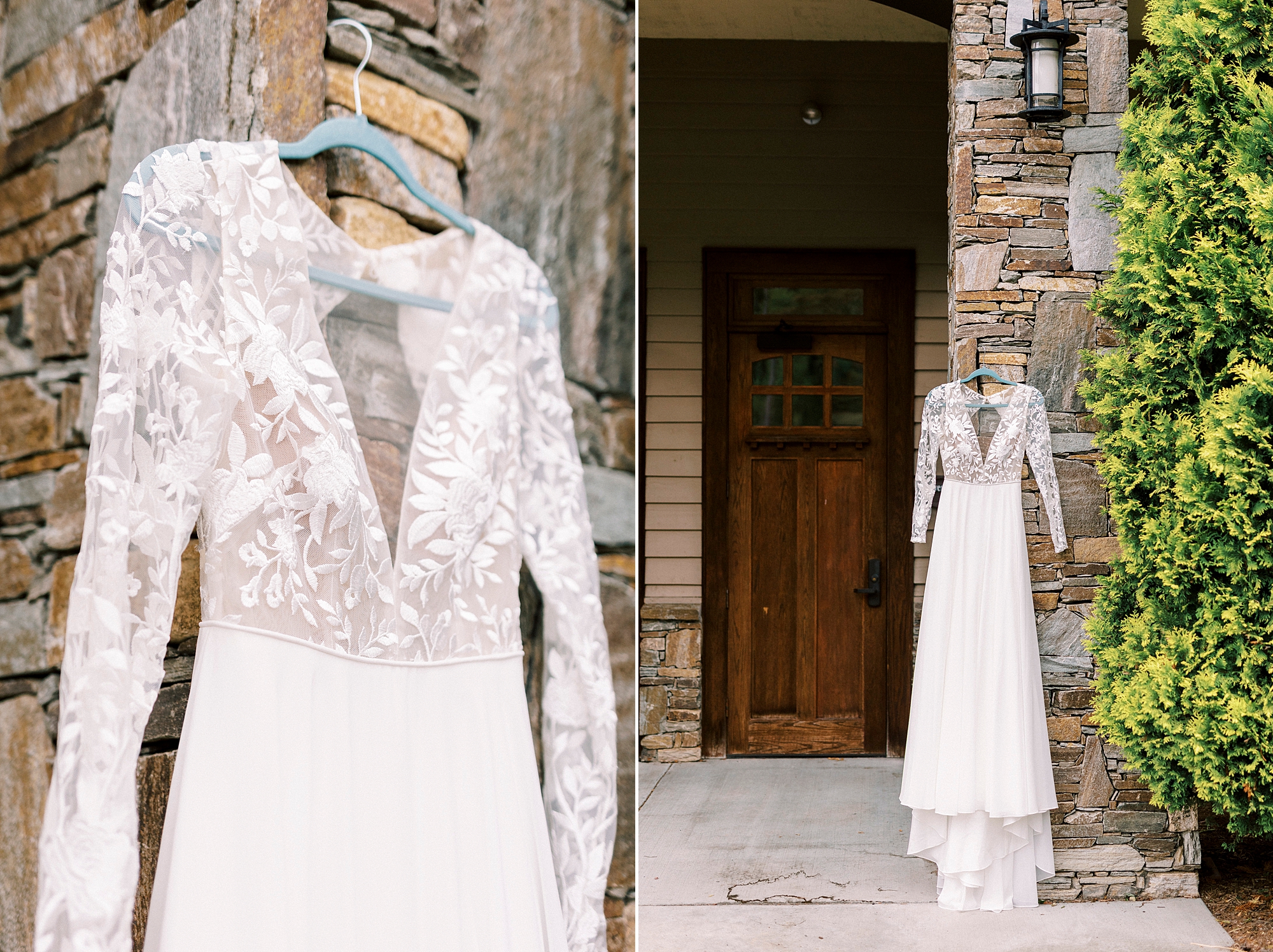 wedding dress with lace sleeves hang on brick building 