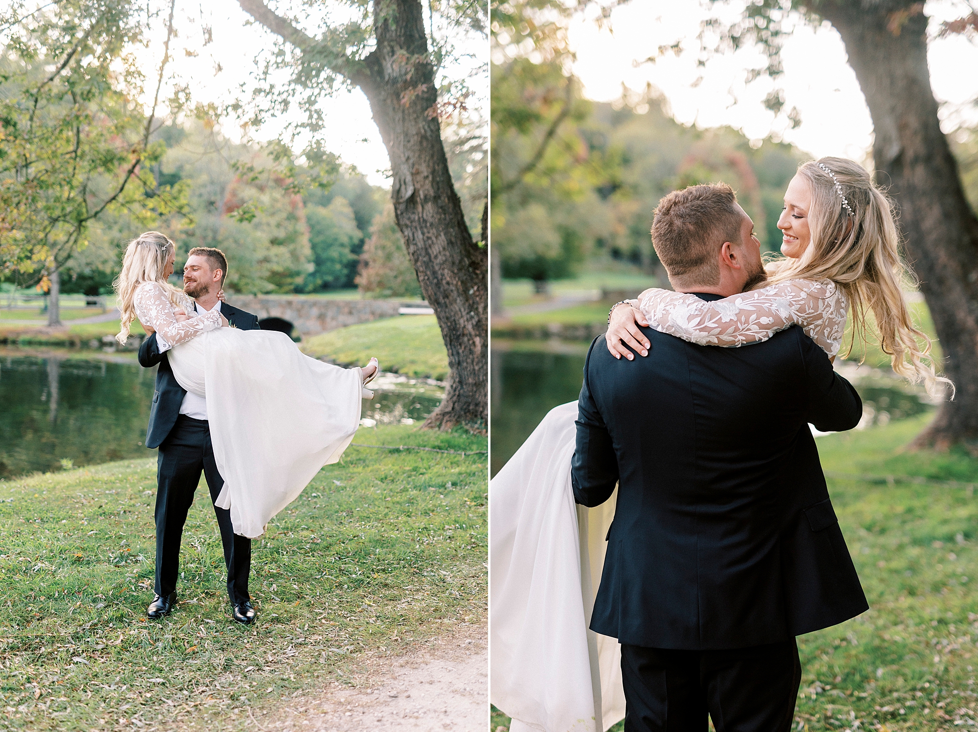 groom twirls bride around during fall wedding photos