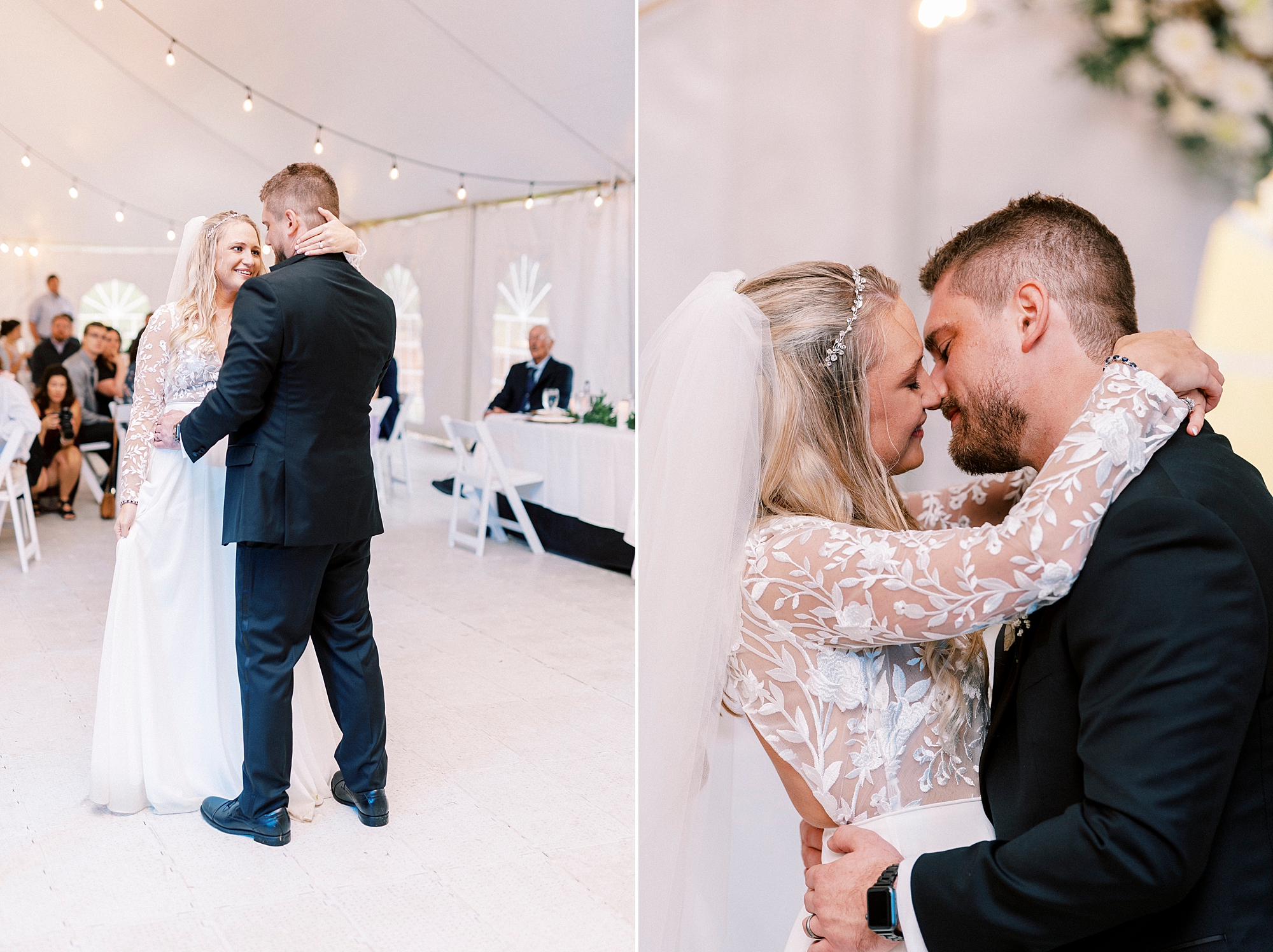 bride and groom kiss during first dance in Blowing Rock NC wedding reception