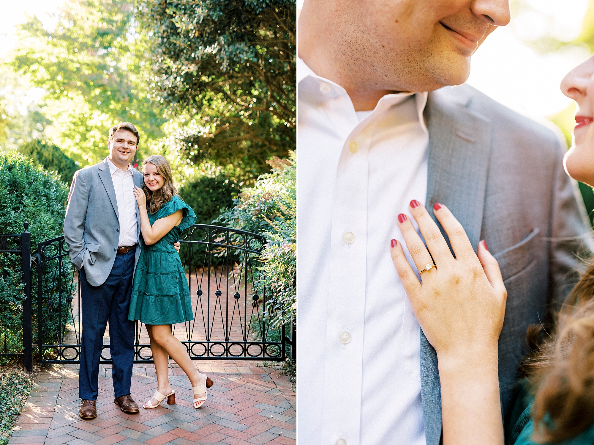bride puts hand on groom's grey jacket showing off engagement ring 