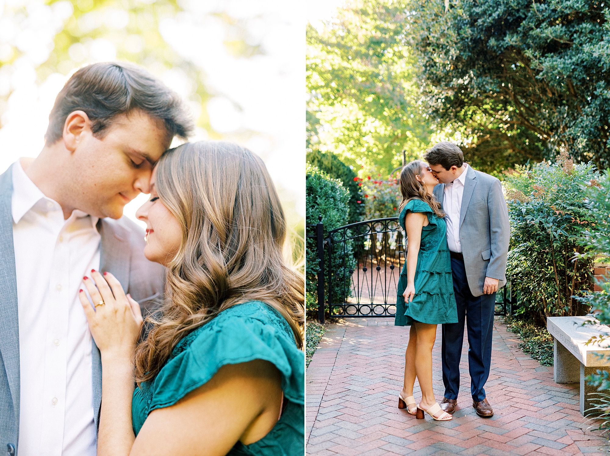 groom leans to kiss bride in teal dress in Downtown Davidson