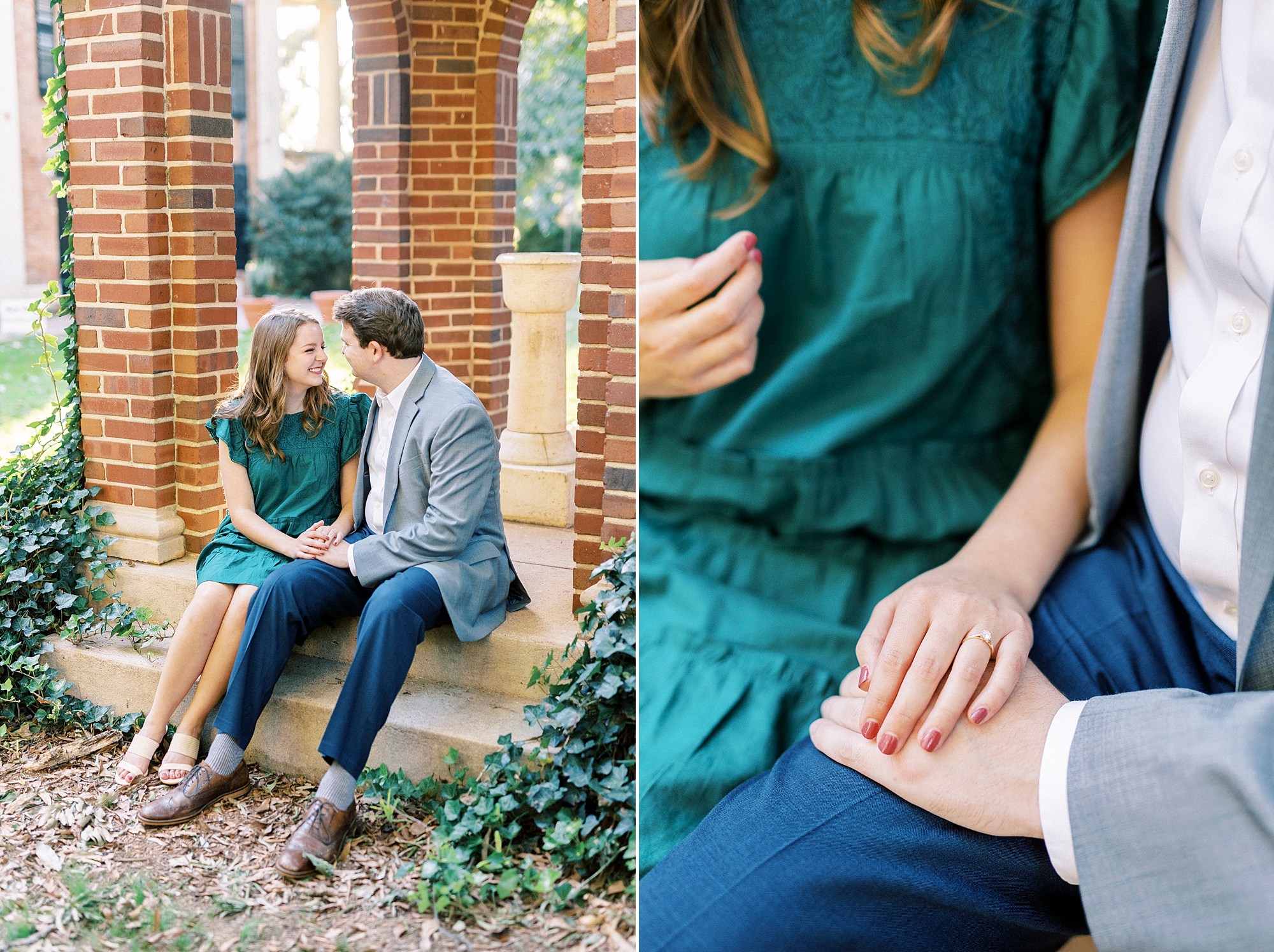 engaged couple sits in brick gazebo in Downtown Davidson