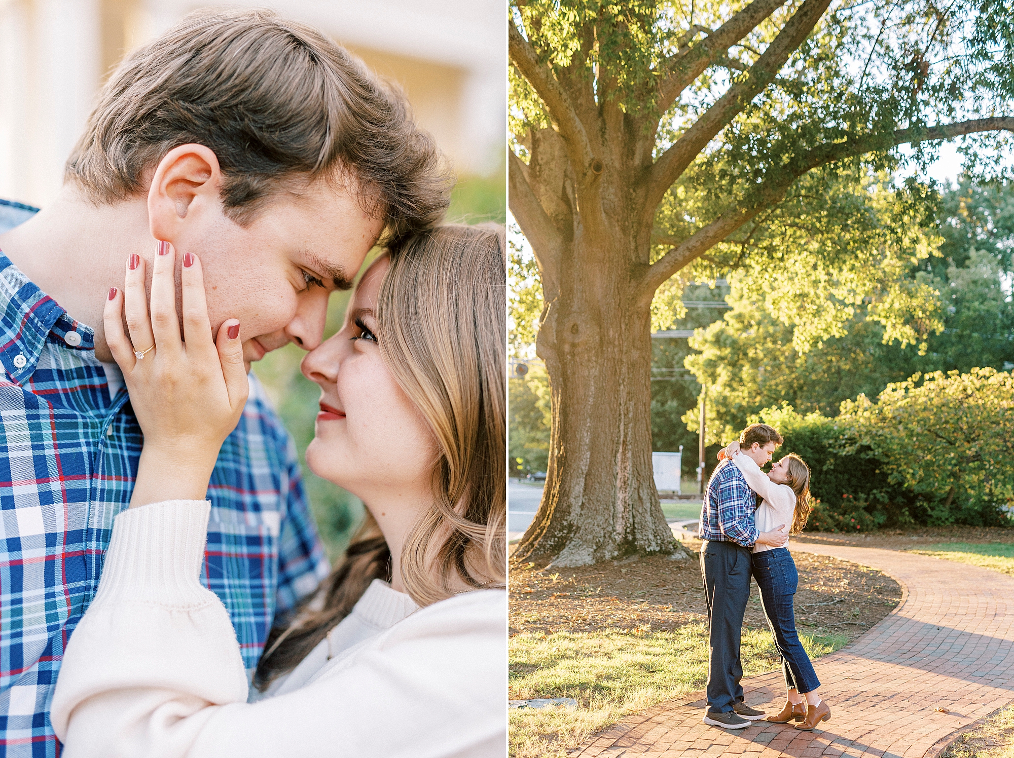 fall Downtown Davidson engagement session for couple hugging 
