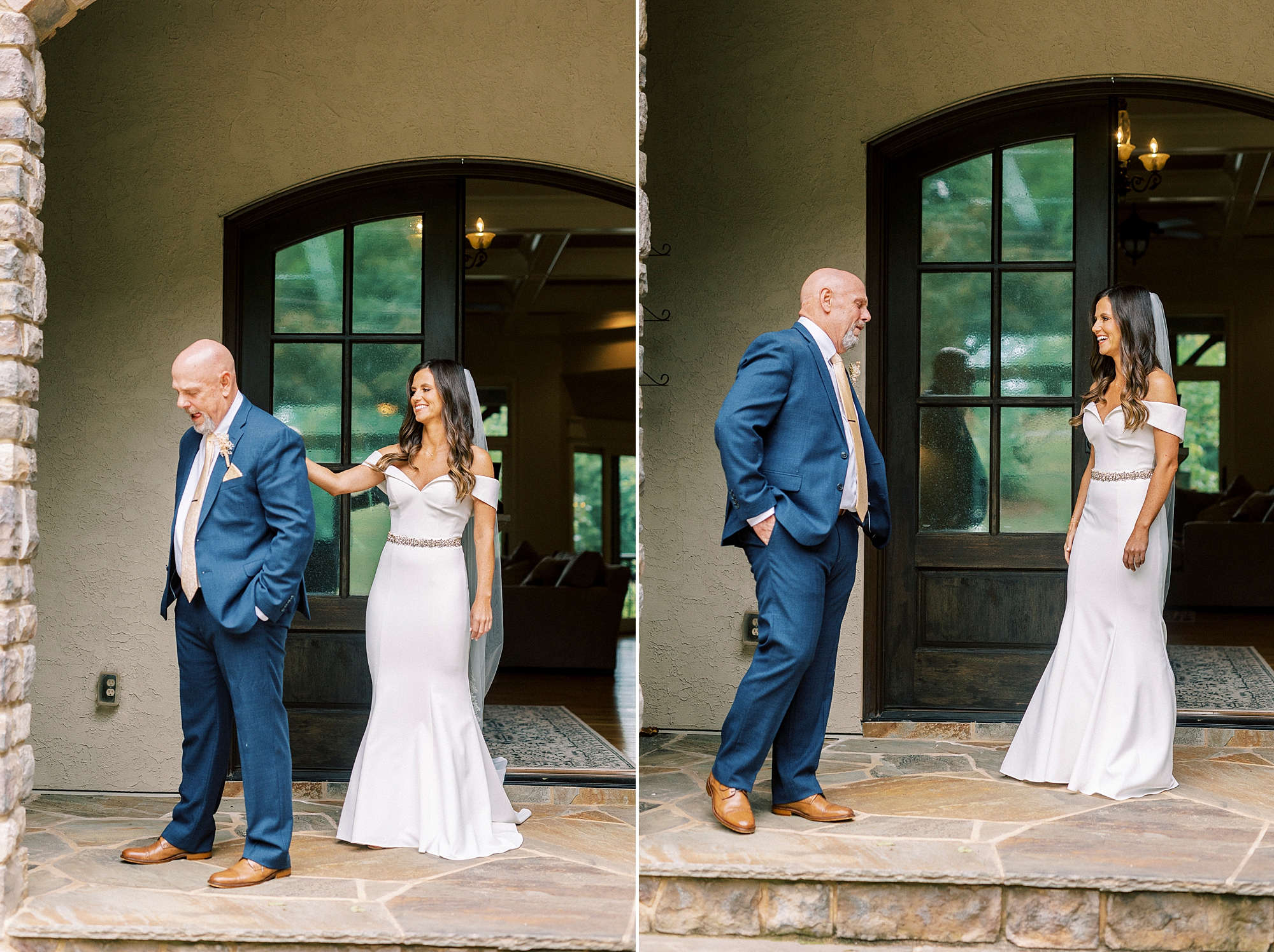 bride and father have first look on patio of Lake Norman home
