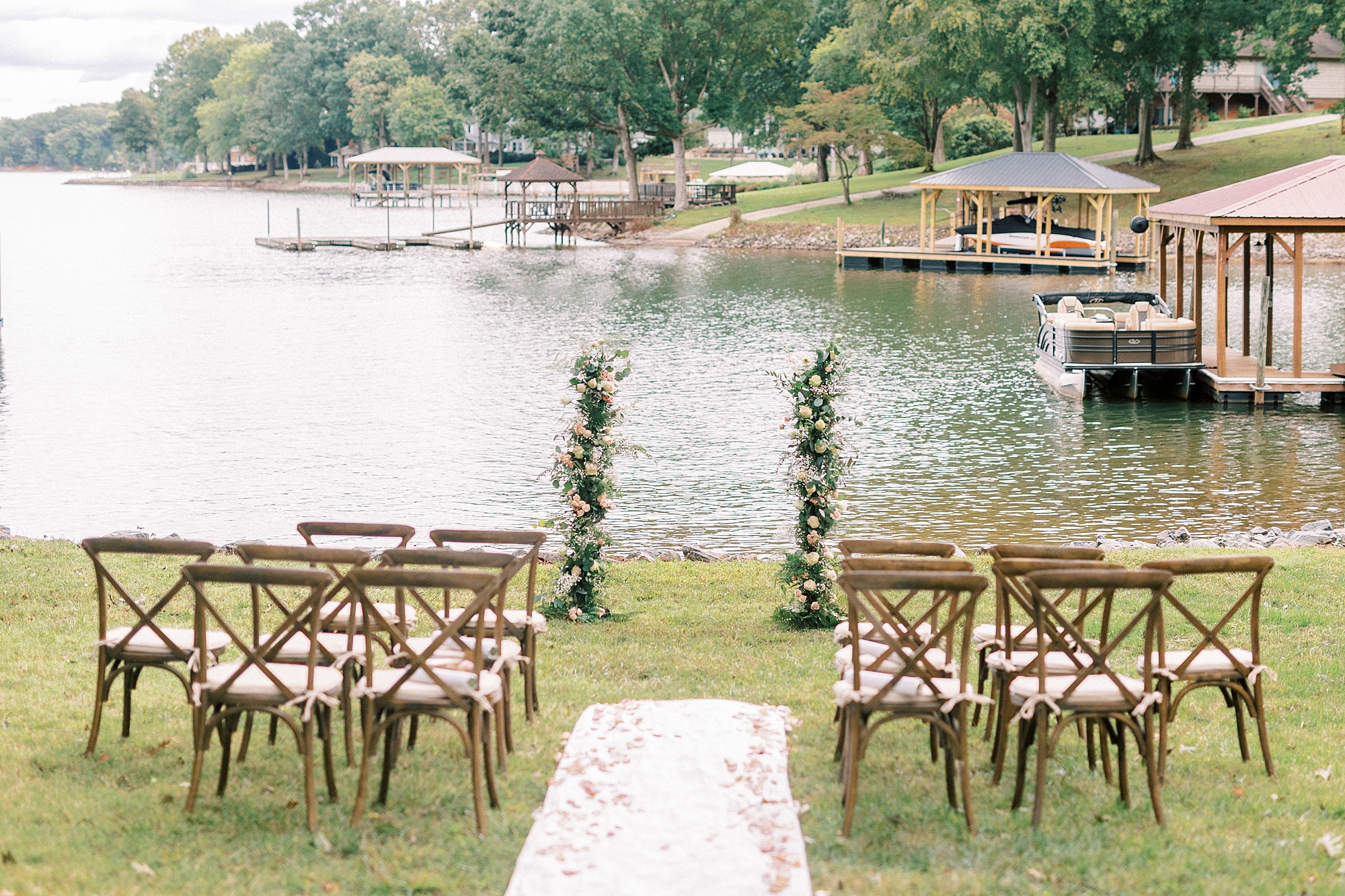 ceremony setup for Lake Norman wedding along waterfront