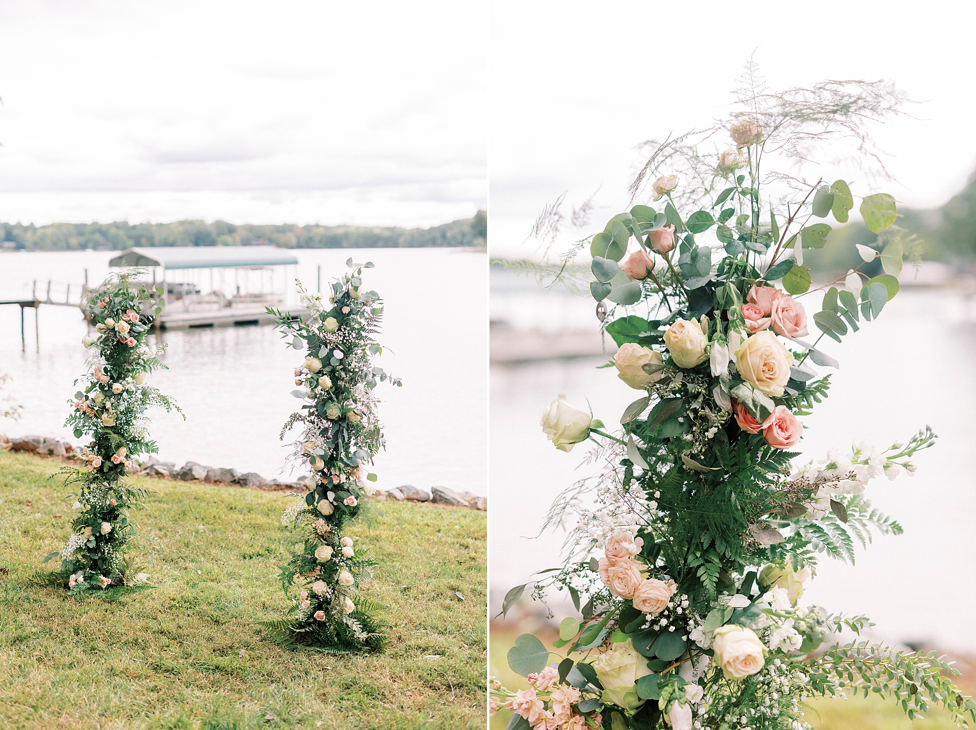 floral arbor for Lake Norman wedding ceremony 