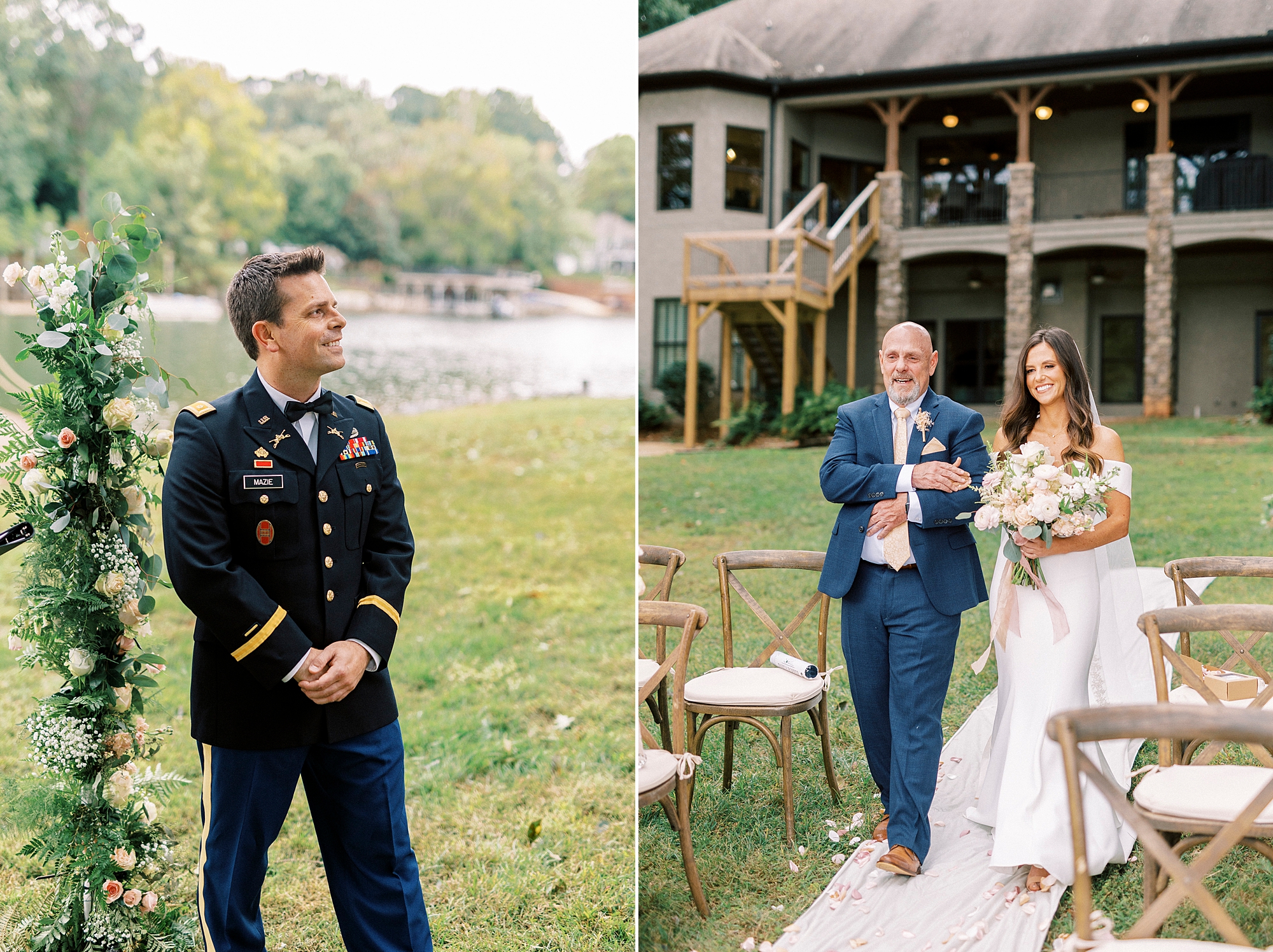 groom watches bride and father walk down aisle outside Lake Norman home