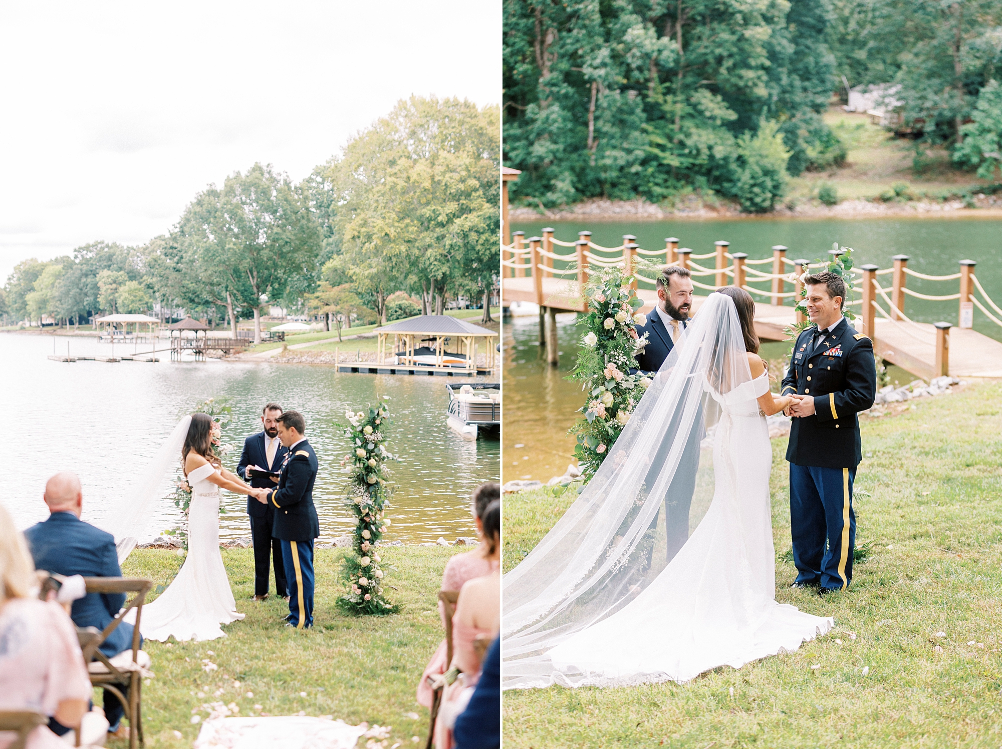 bride and groom exchange vows along Lake Norman during wedding ceremony 