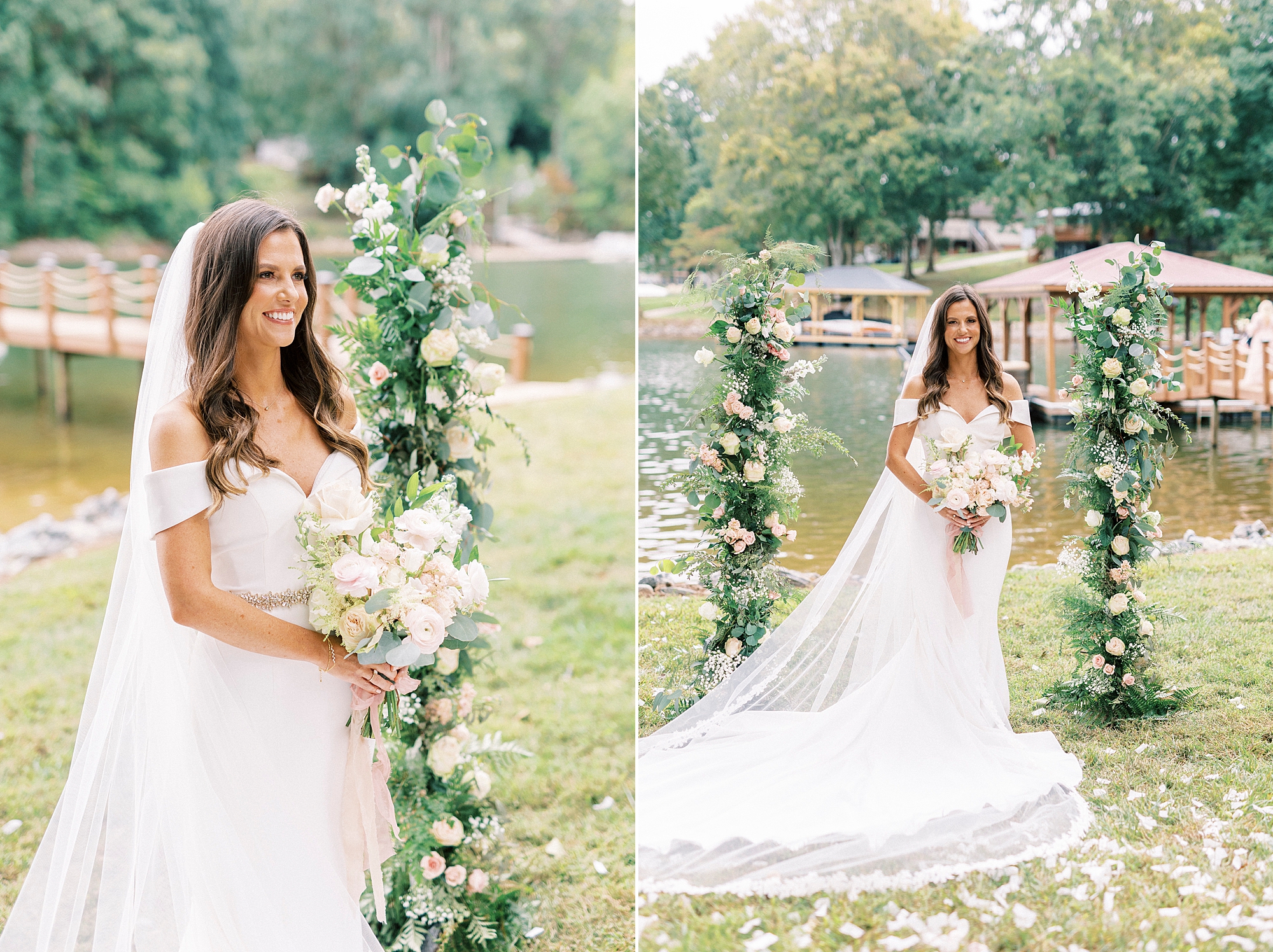bride poses by floral arbor for ceremony at Lake Norman wedding