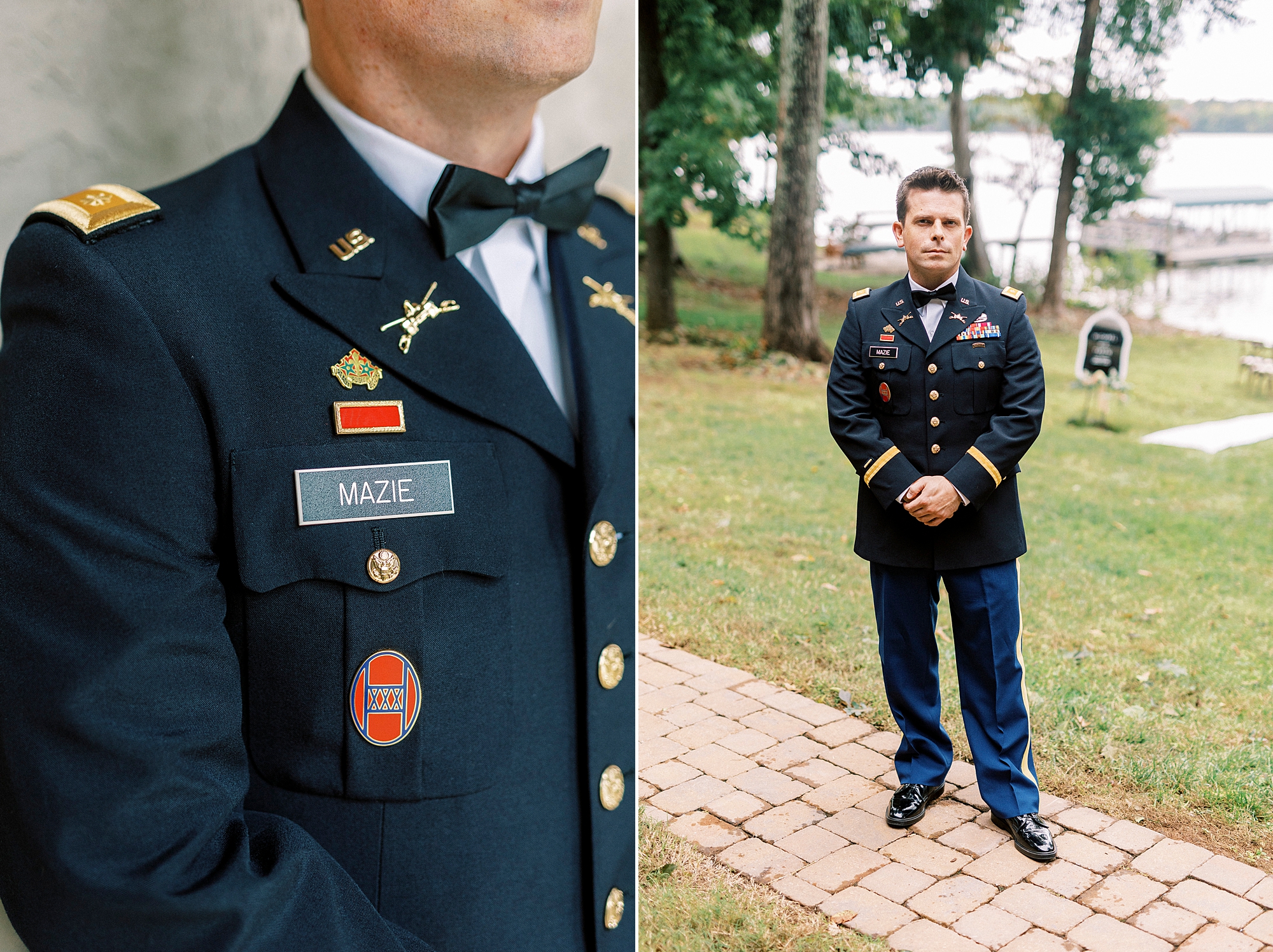 groom in military dress blues stands on brick pathway at Lake Norman wedding