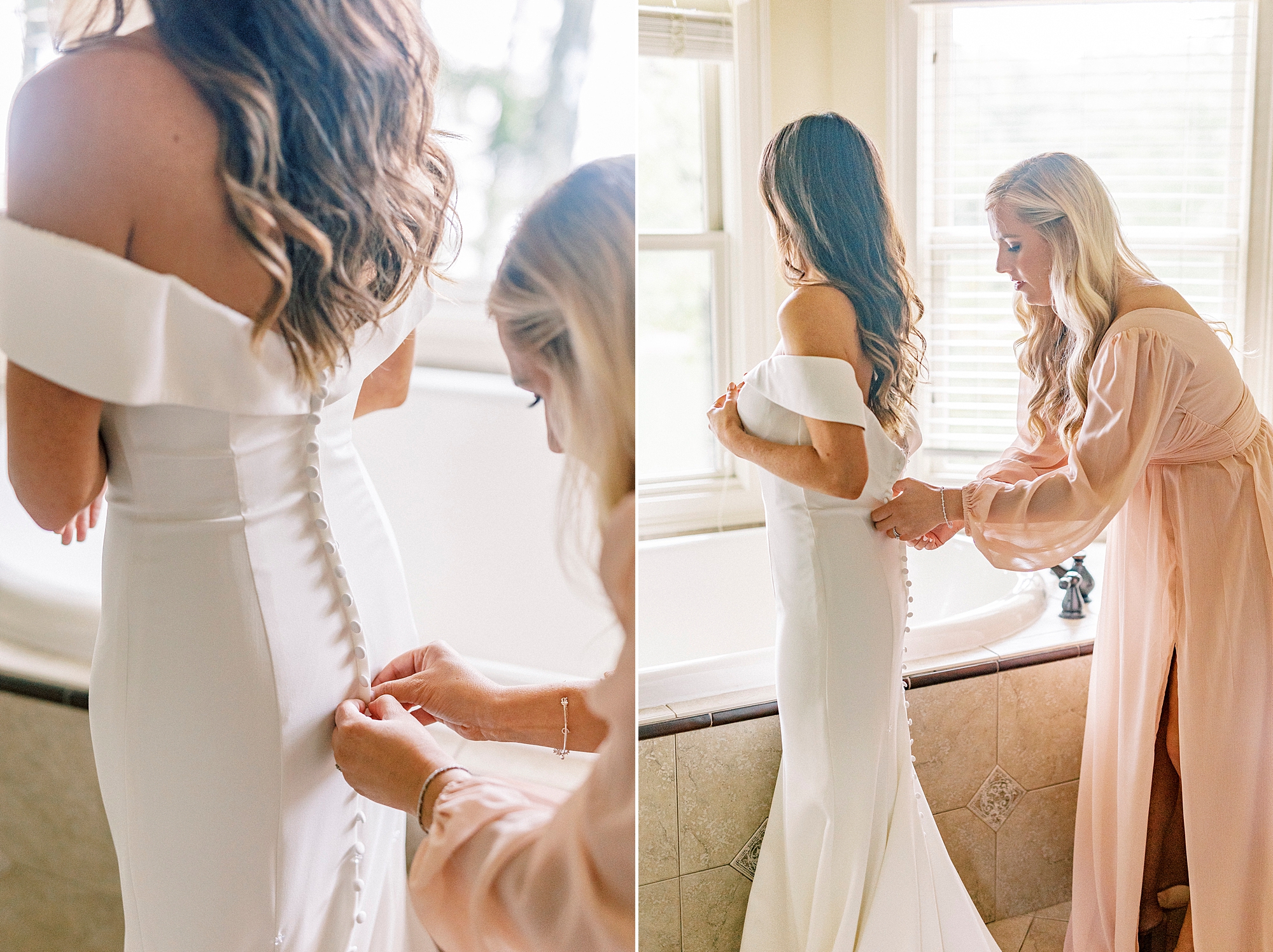 mother helps bride into wedding gown with buttons