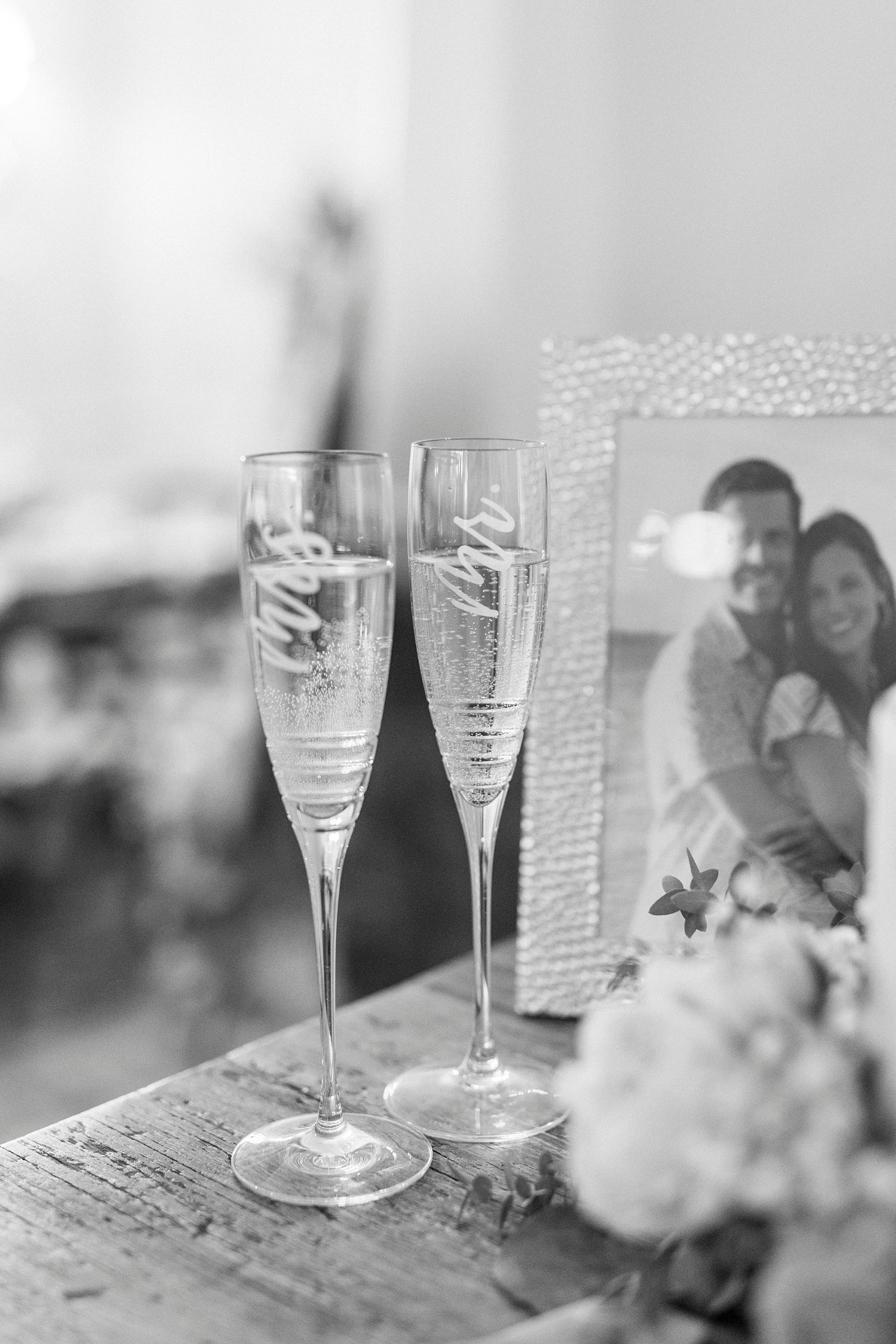 glasses of champagne for bride and groom