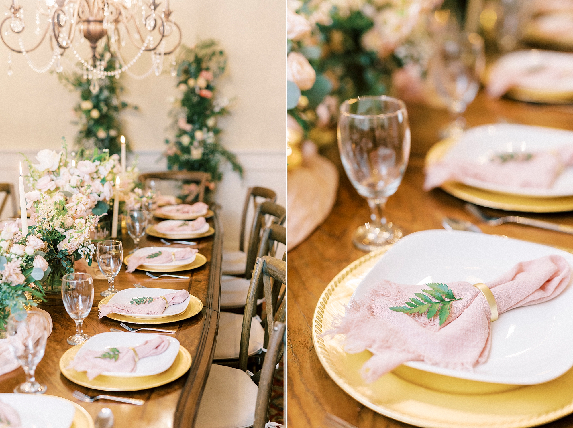 Lake Norman wedding reception with pink and gold details 