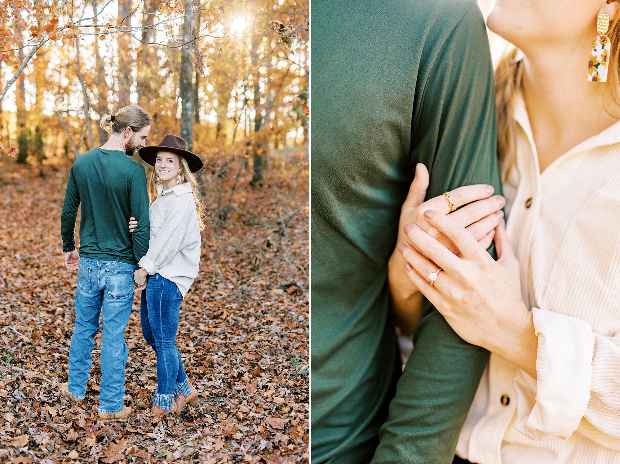 bride holds arm of groom in green sweater showing off ring