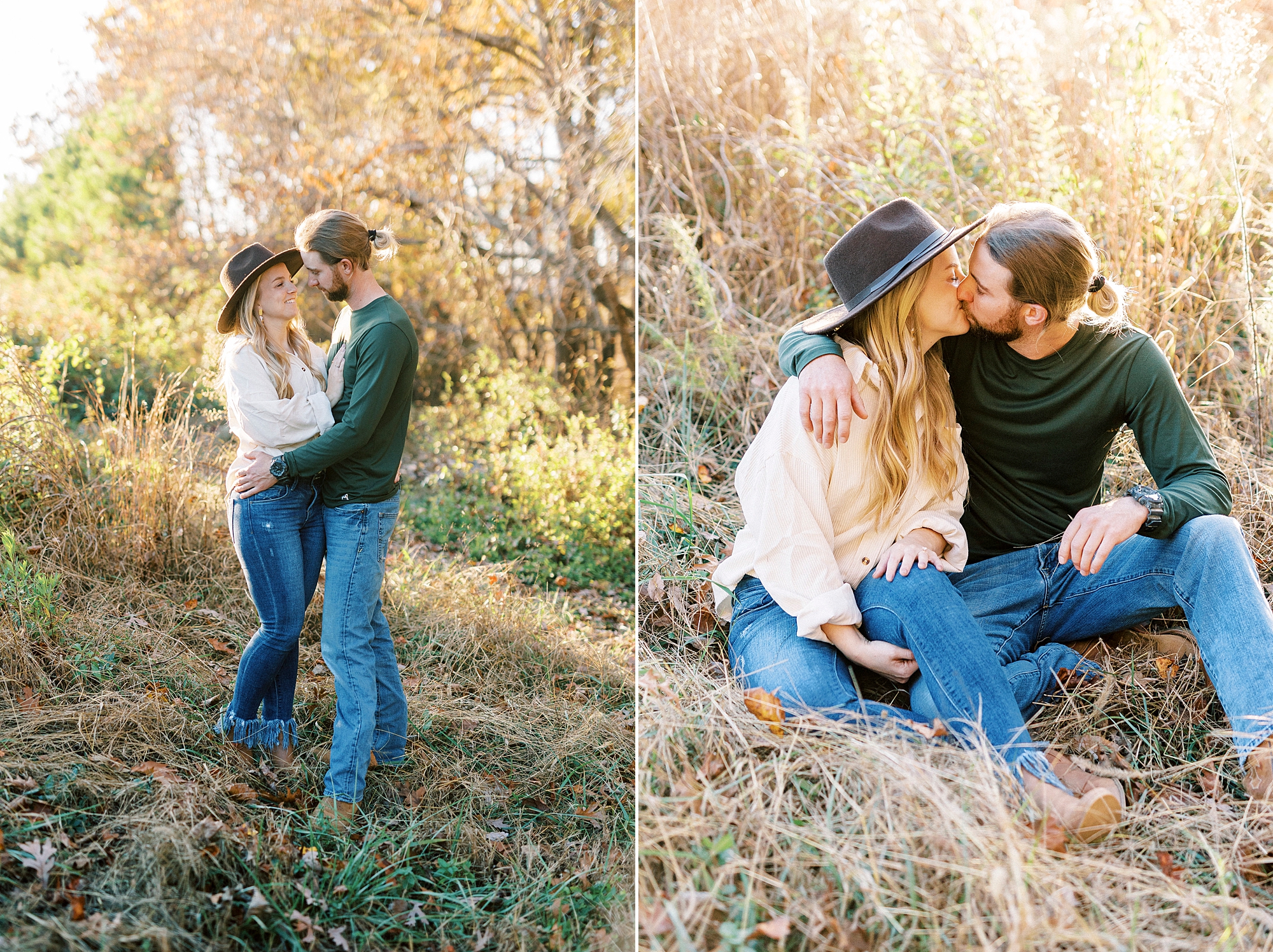 engaged couple sits in field during chic fall engagement session