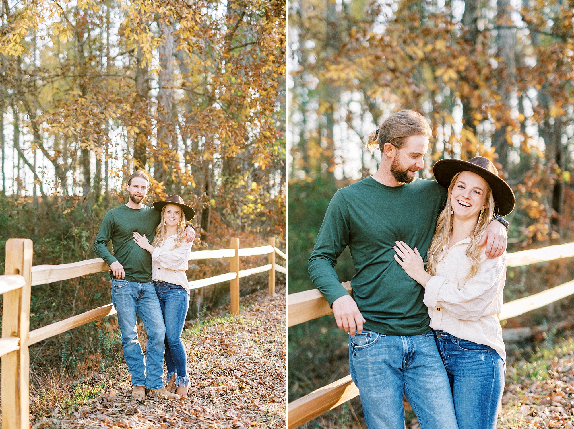 engaged couple hugs against new wooden fence in Richfield NC