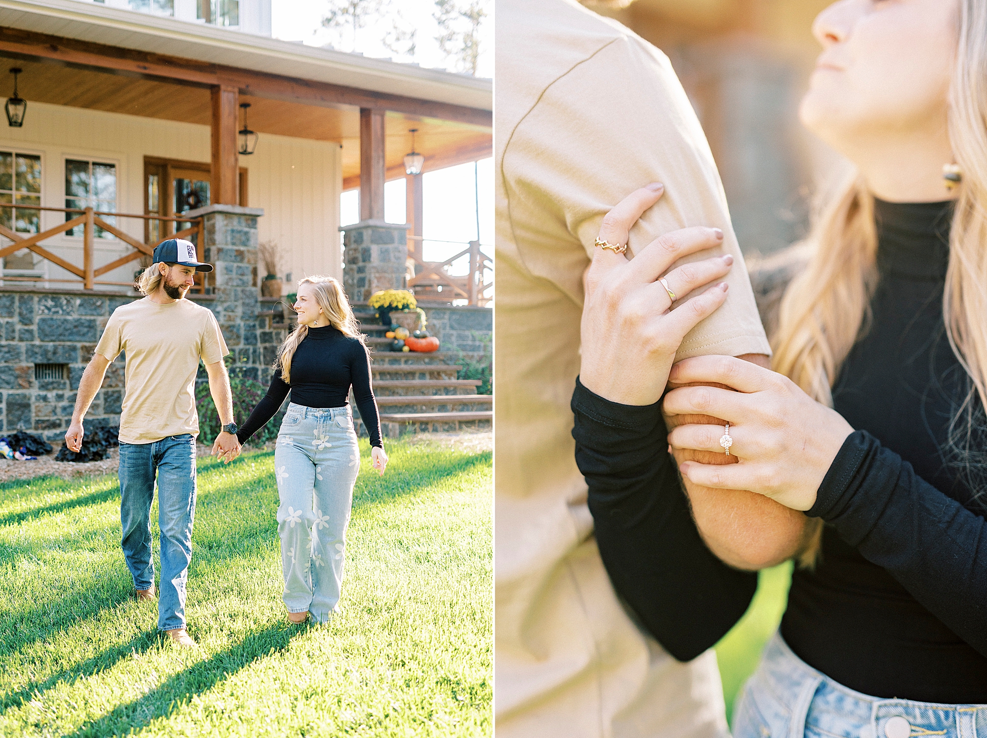 bride holds onto groom's arm during chic fall engagement session