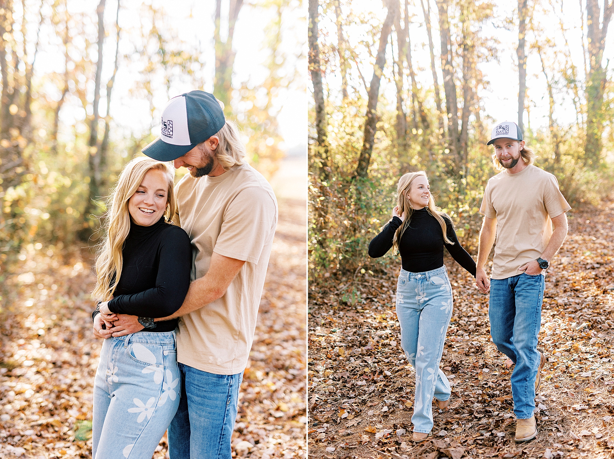 couple walks through woods during chic fall engagement session