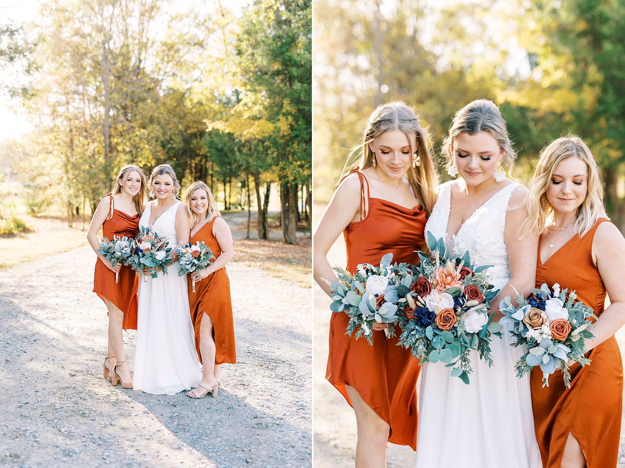 bride and bridesmaids in burnt orange gowns look down at fall bouquets 