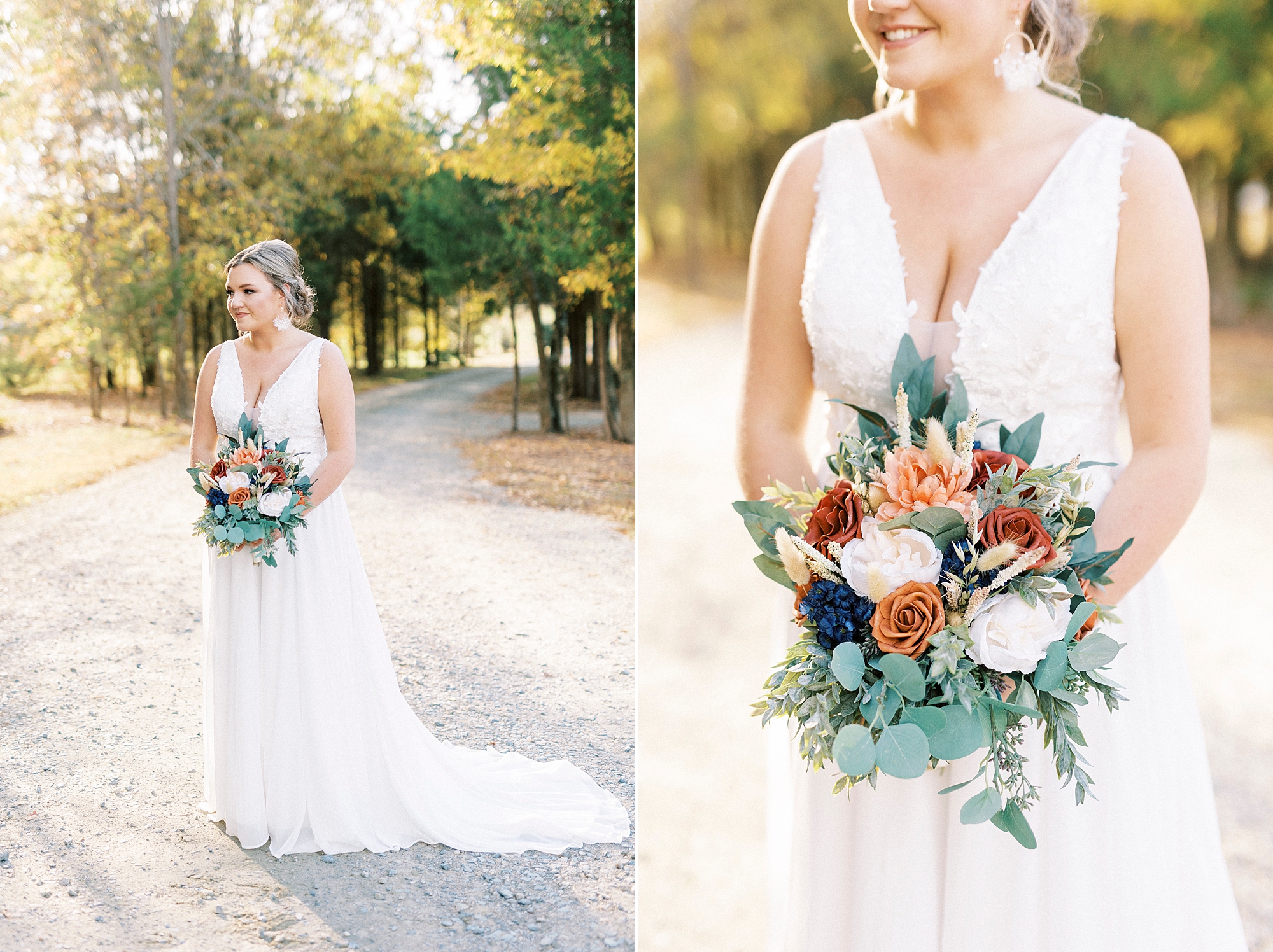 bride holds bouquet of of peach and orange flowers at Bella Terra 
