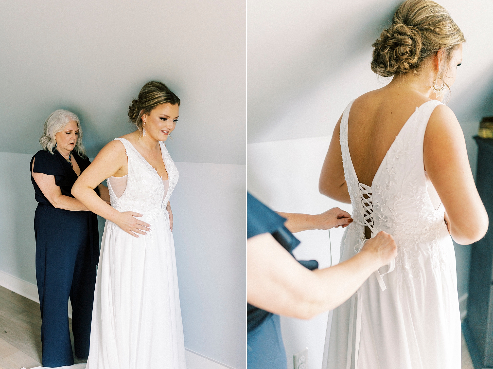 mother helps bride into wedding dress 