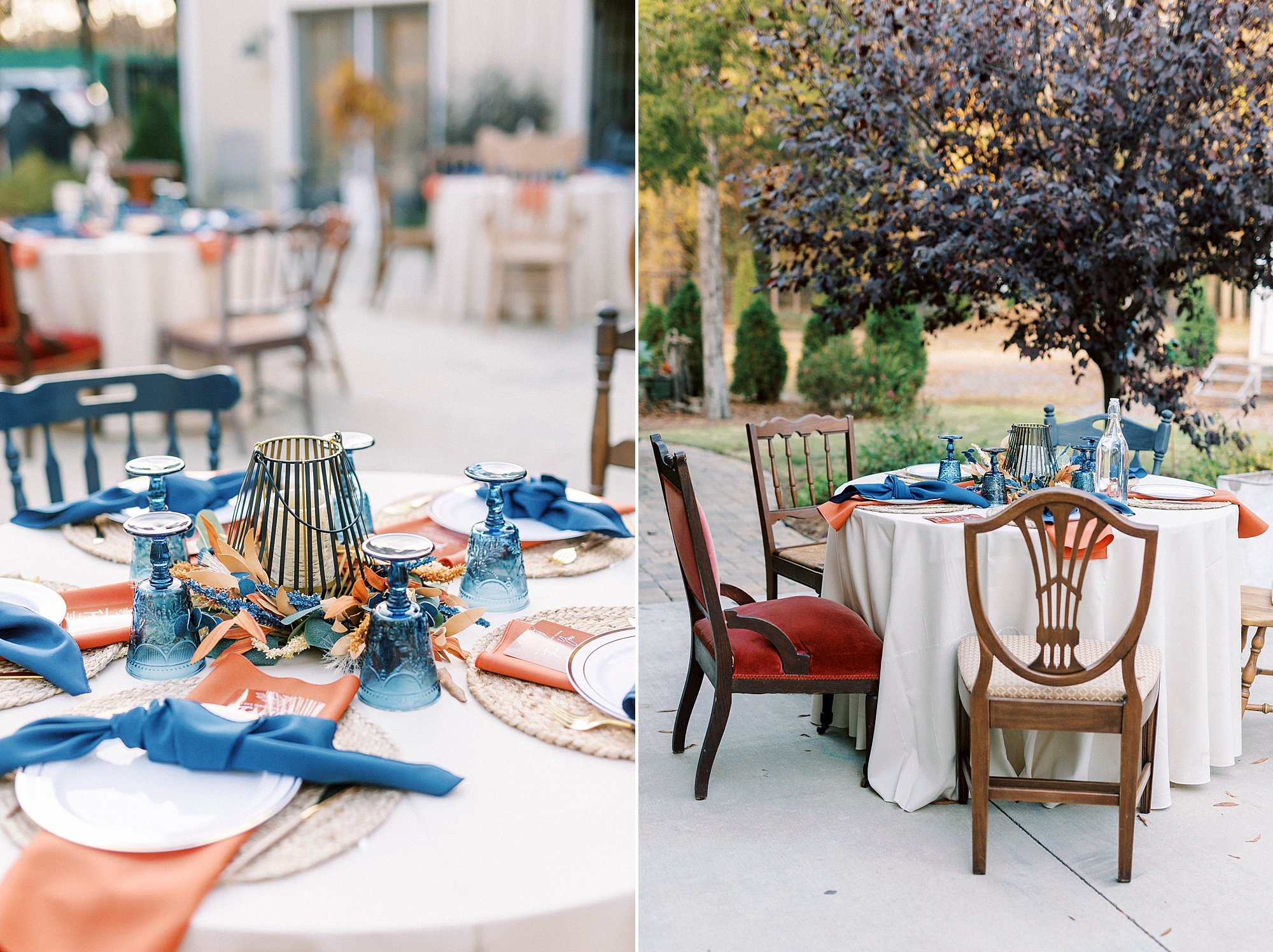 fall wedding reception outside with navy and orange details 