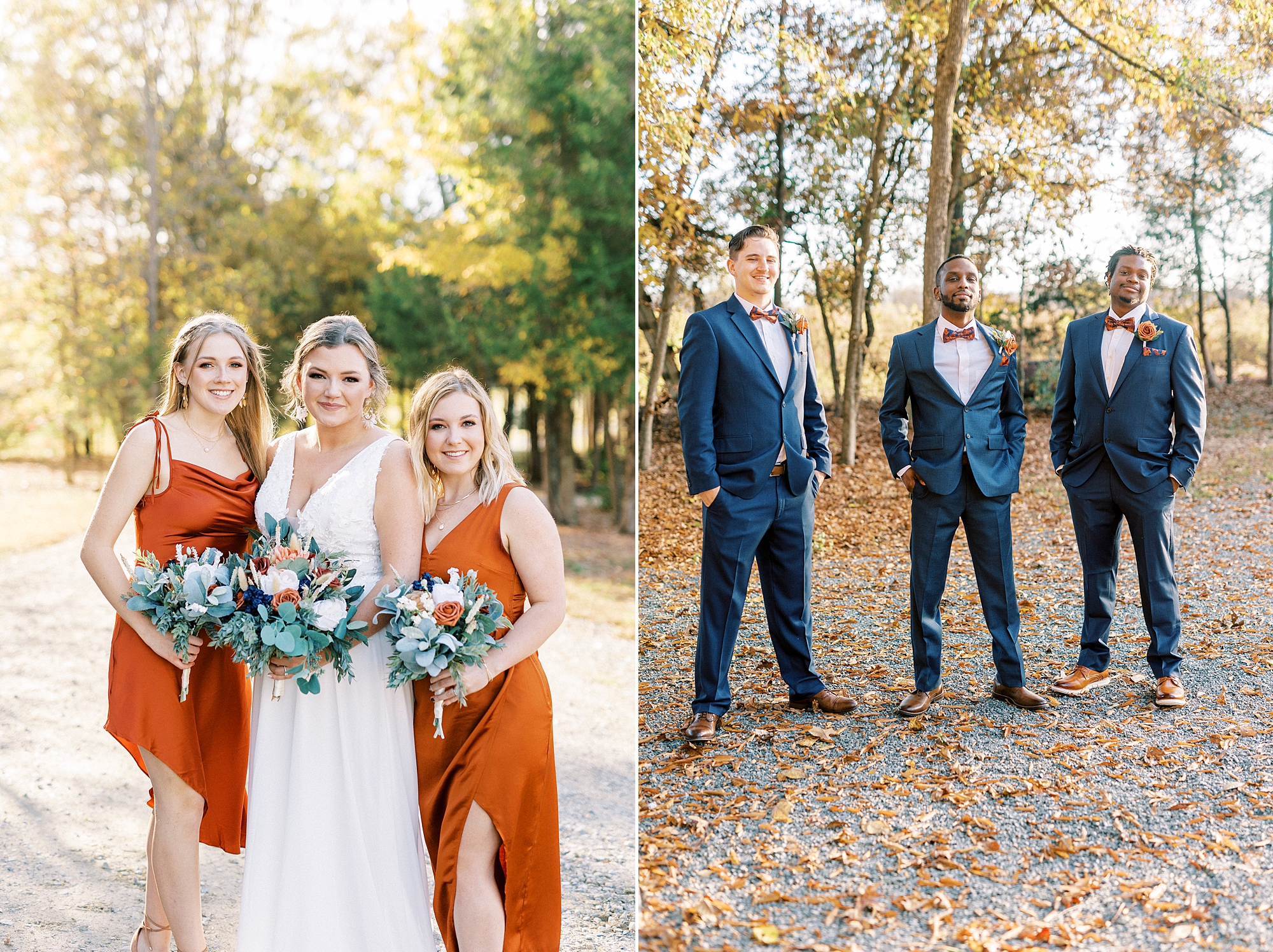 bride and groom stand with bridesmaids and groomsmen for fall wedding day 