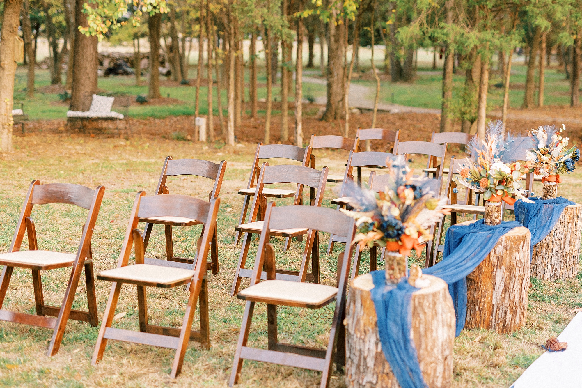 wooden seating for outdoor wedding ceremony at Bella Terra 