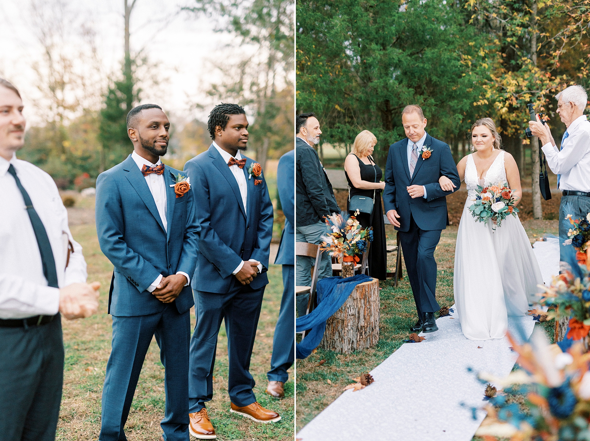 groom smiles watching bride walk up aisle during outdoor wedding ceremony in Indian Trail, NC