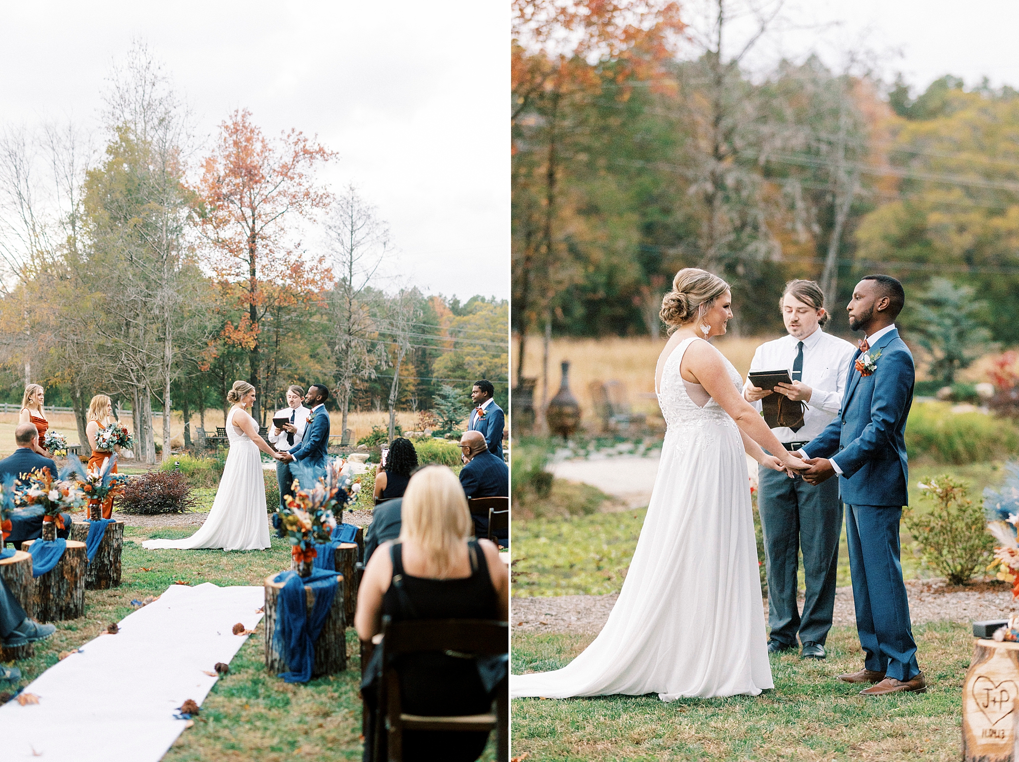 bride and groom hold hands during outdoor wedding ceremony in Indian Trail, NC