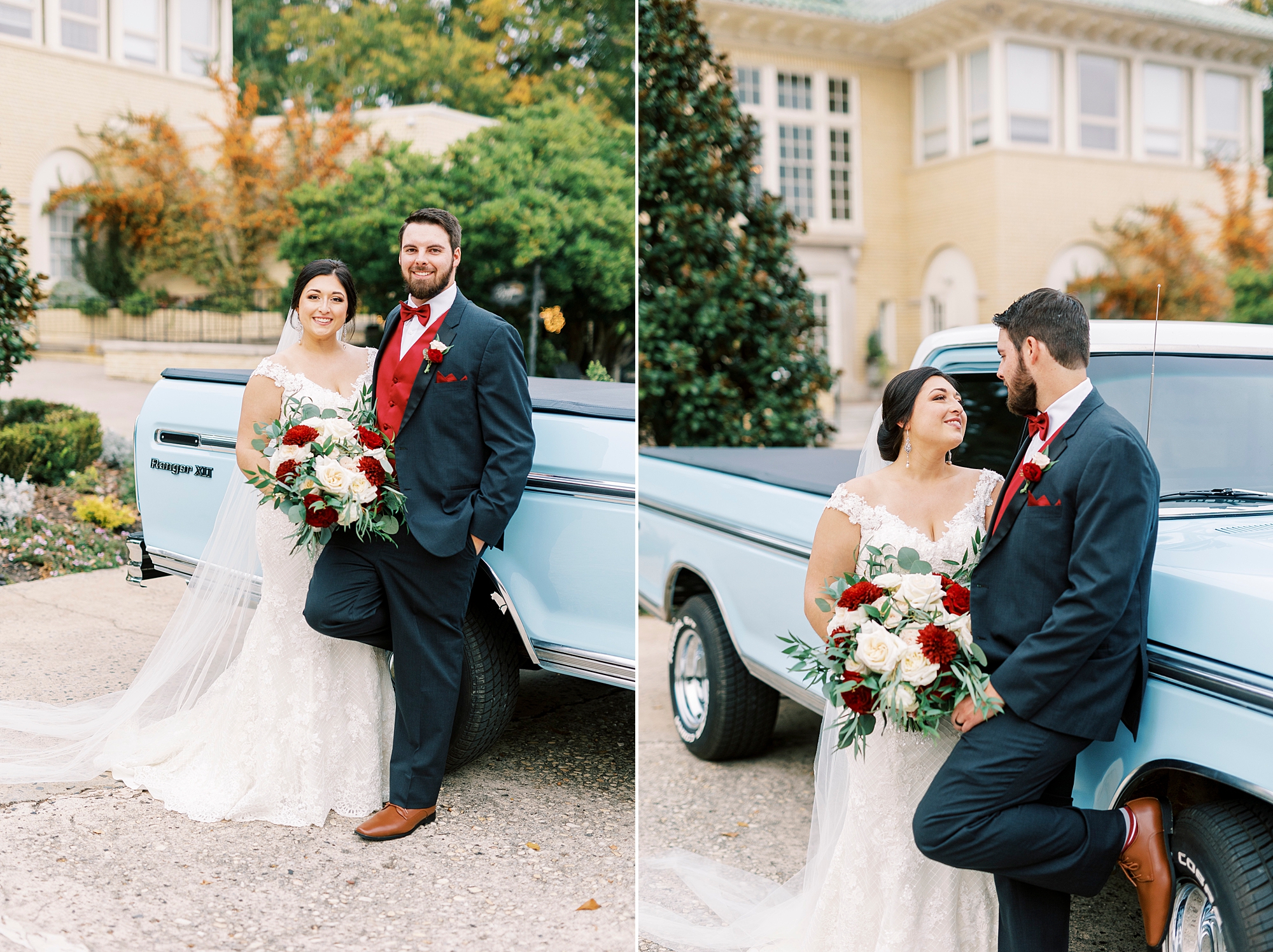 bride and groom pose by resorted blue Ford truck during fall wedding portraits at Separk Mansion 