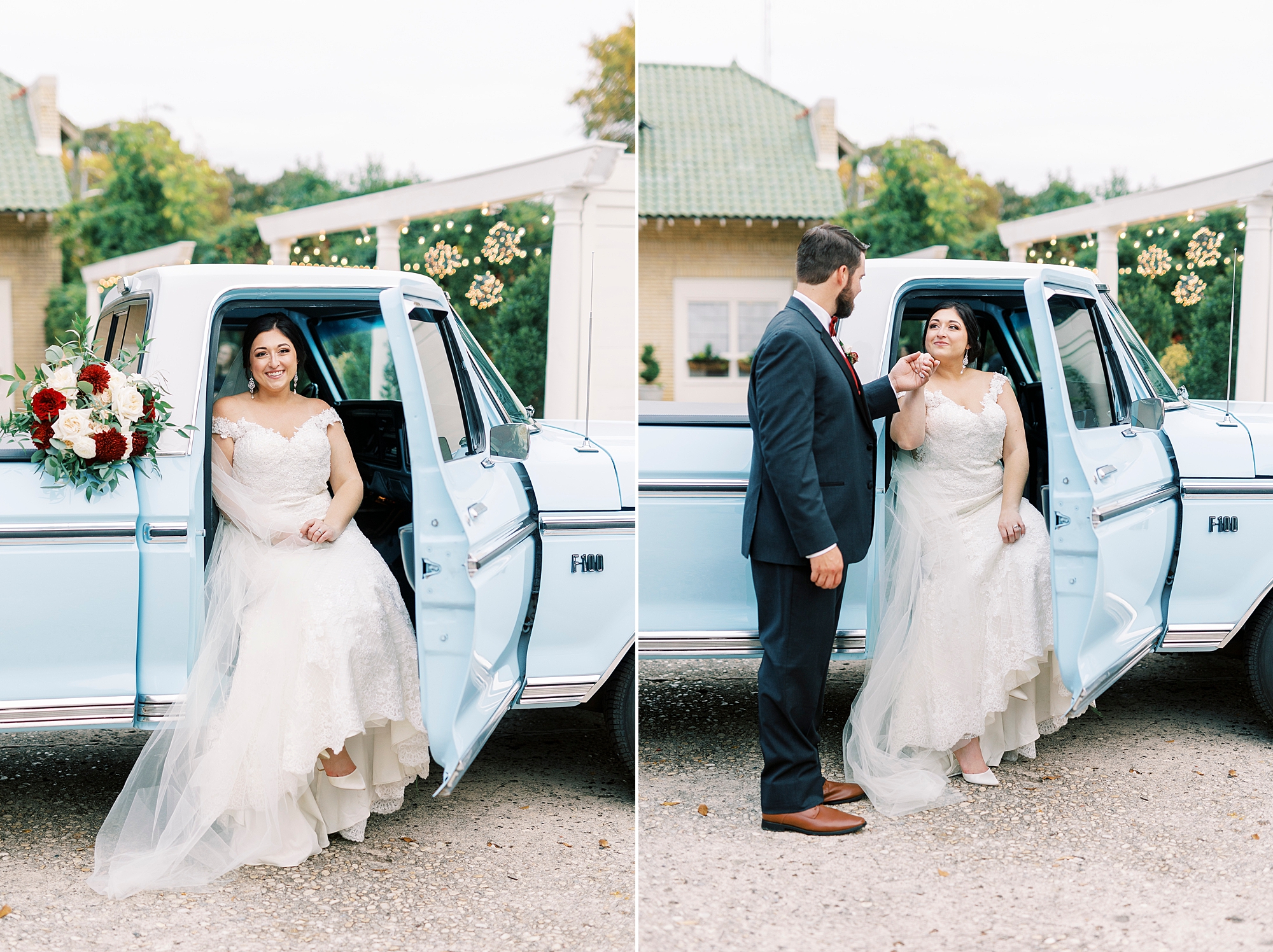 groom helps bride out of the cab of his resorted blue Ford truck