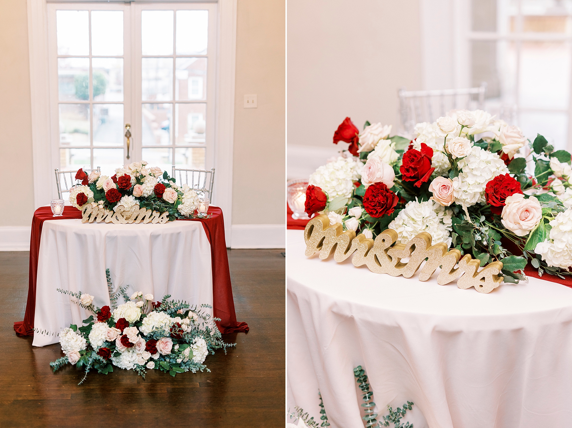 red and white flower display for sweetheart table at Separk Mansion