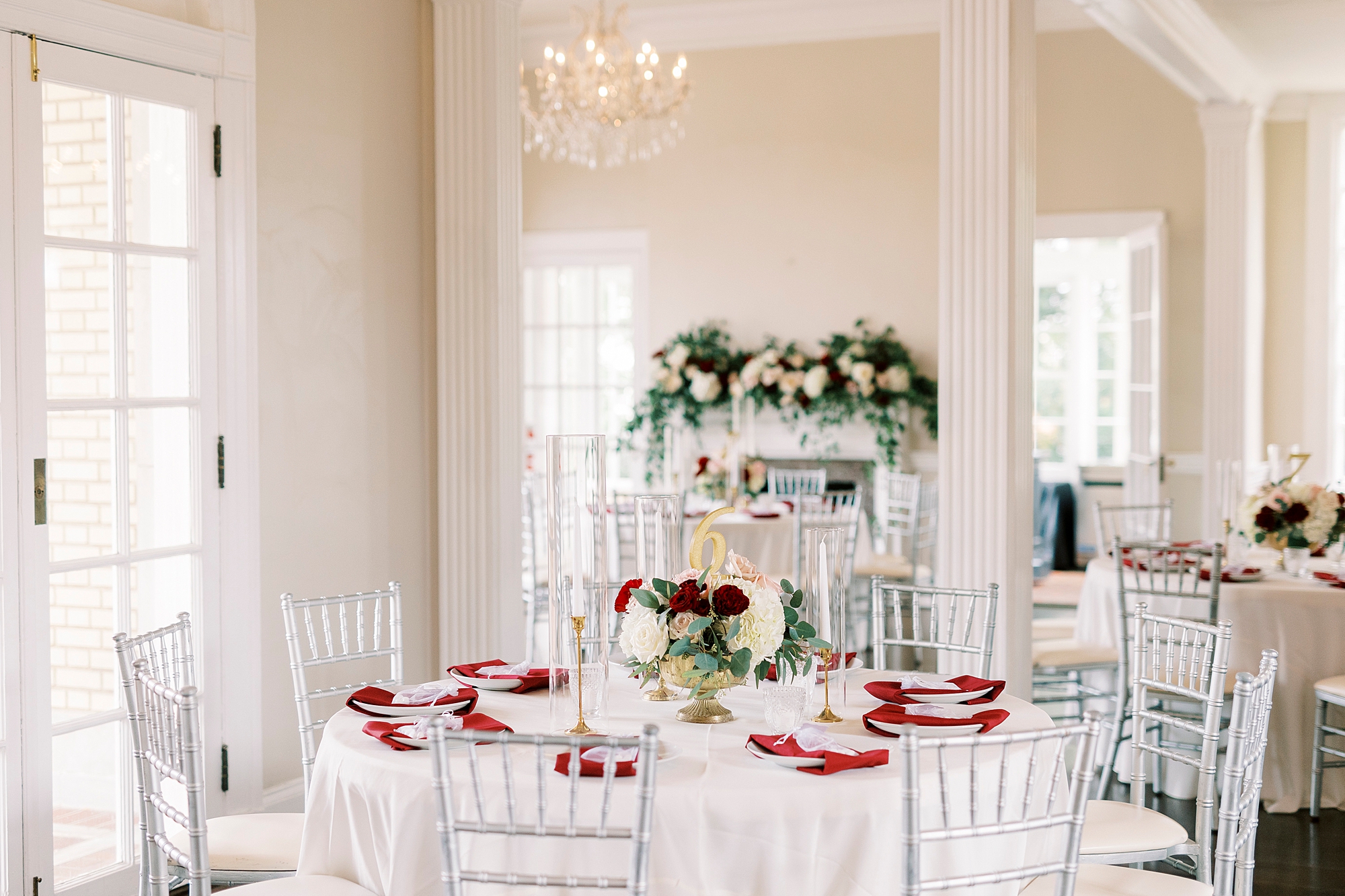 red and white place settings for fall wedding at Separk Mansion