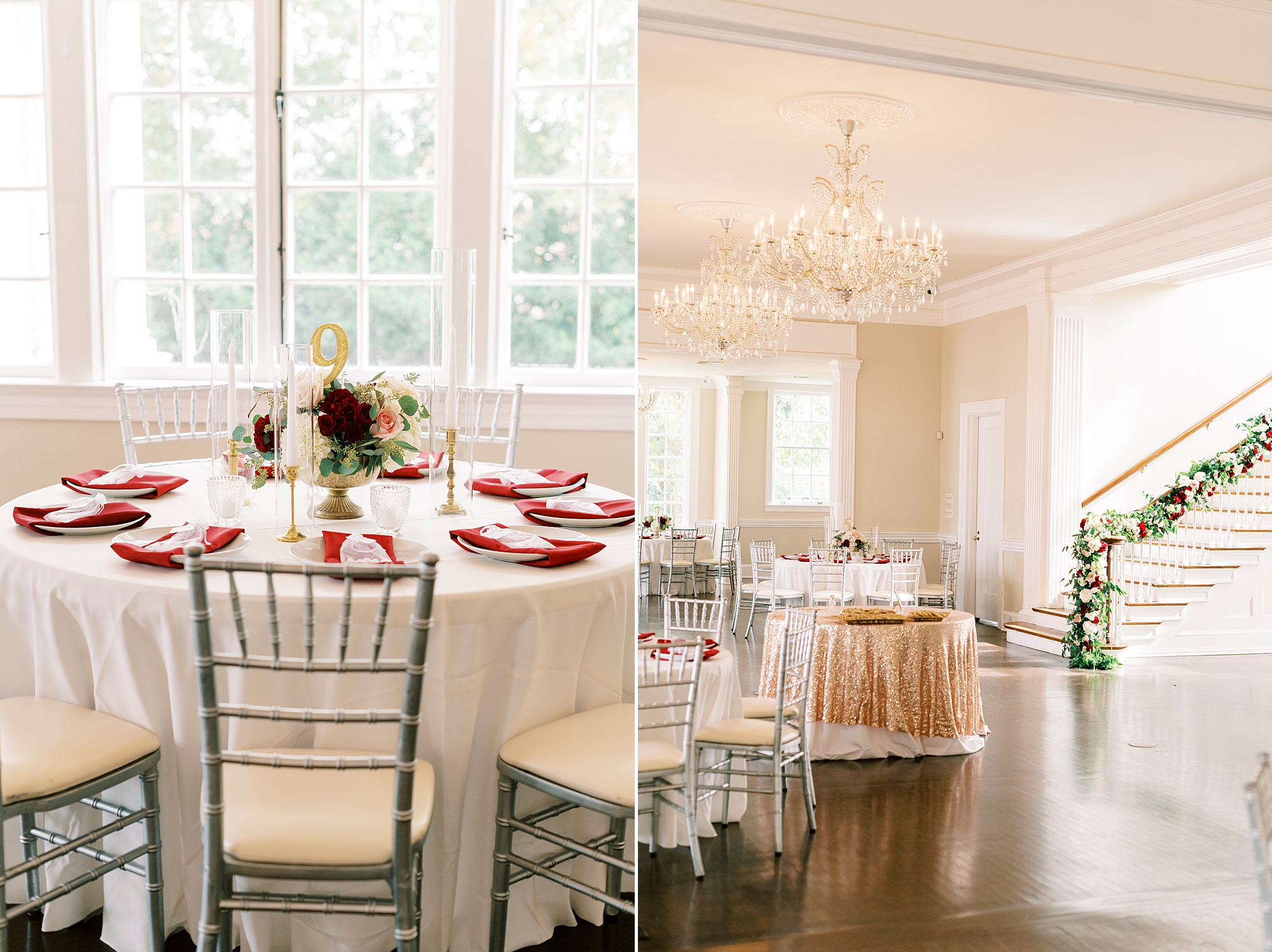 burgundy and white place settings for fall wedding reception at Separk Mansion 