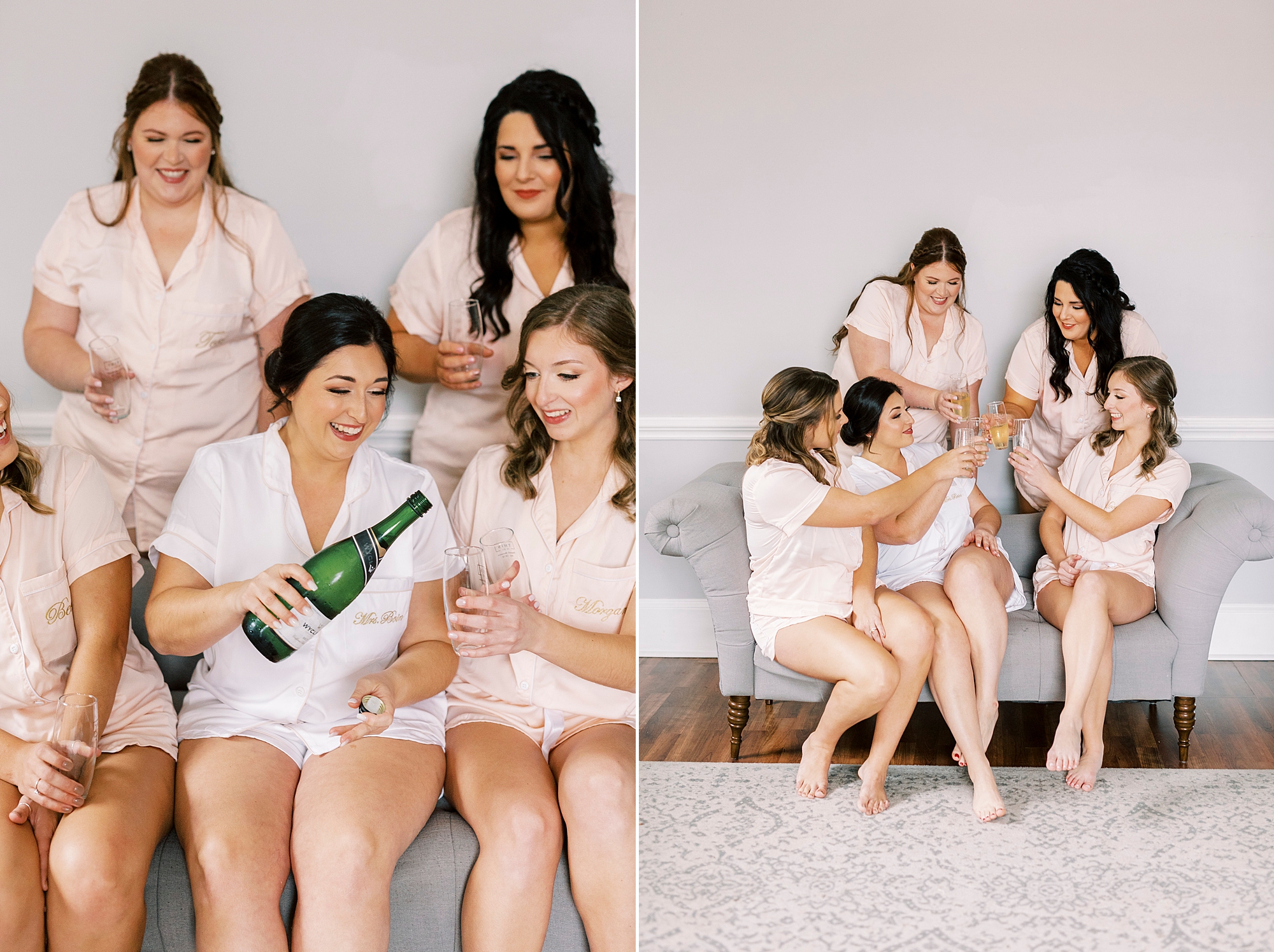 bride pours champagne for bridesmaids in matching pajamas 