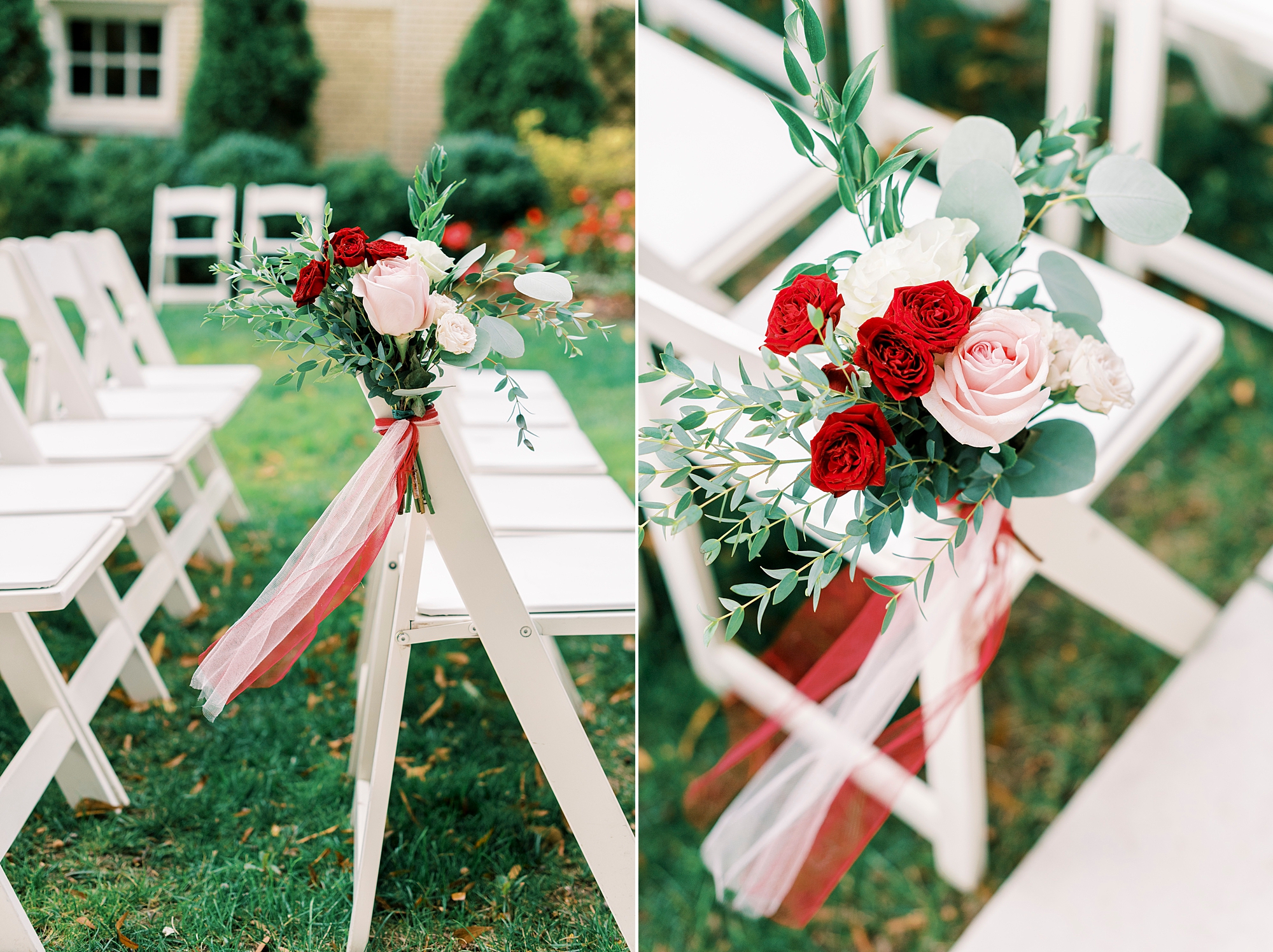 pink and red rose florals for ceremony on lawn at Separk Mansion